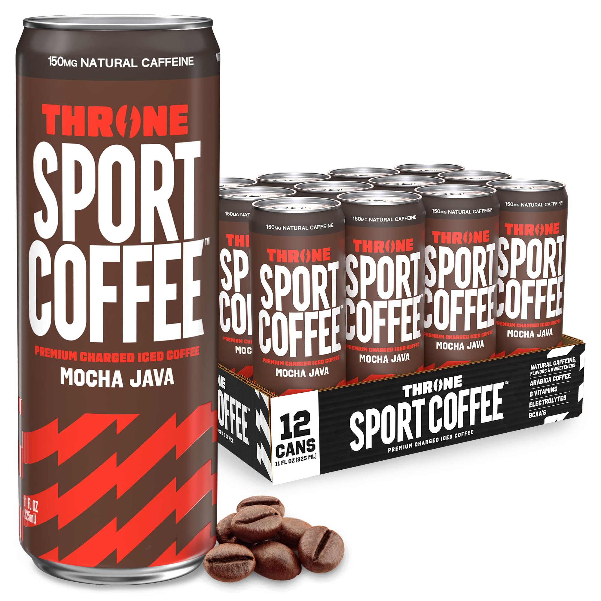 Throne Sport Coffee, Cold Brew Cans, Mocha Java (12-Pack) - Coffee for Energy with Electrolytes for Athletes - Arabica Bean Coffee - Low Calorie Cold Brew