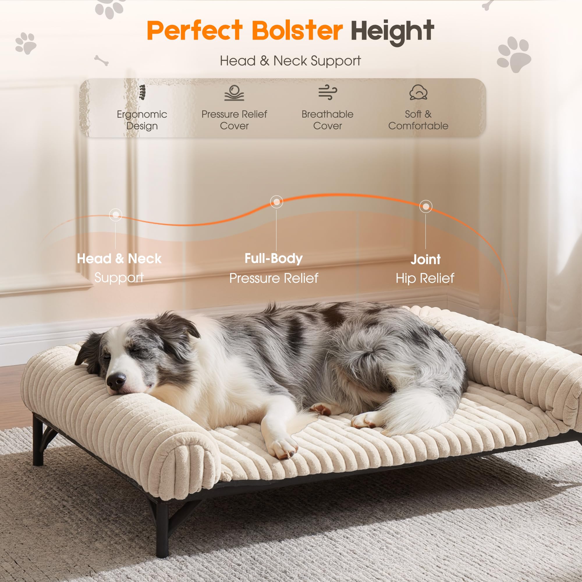 Elevated Dog Bed with Removable Fluffy Pillow Cushion, Raised Pet Cot Washable Bolster, Dog Couch Sofa, Anti Slip Feet, Cream, 43"×32" - image 3