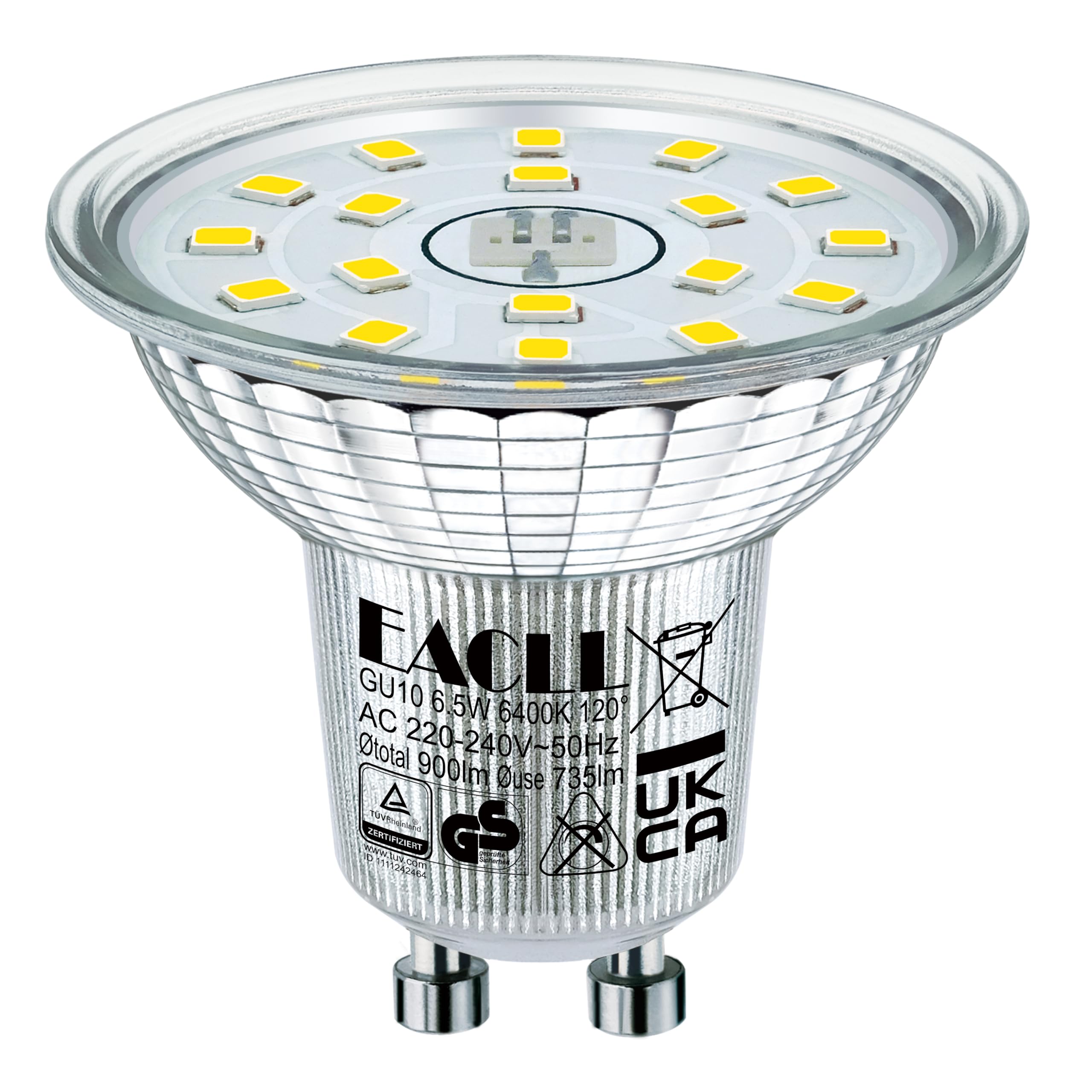 EACLL Żarówki LED GU10, zimna biel, 6,5 W, zastępuje żarówki halogenowe 100 W, 4 sztuki, 735 lumenów 6400 K, AC 230 V, bez migotania, kąt wiązki światła punktowego 120°, nieściemnialne krótsze lampy