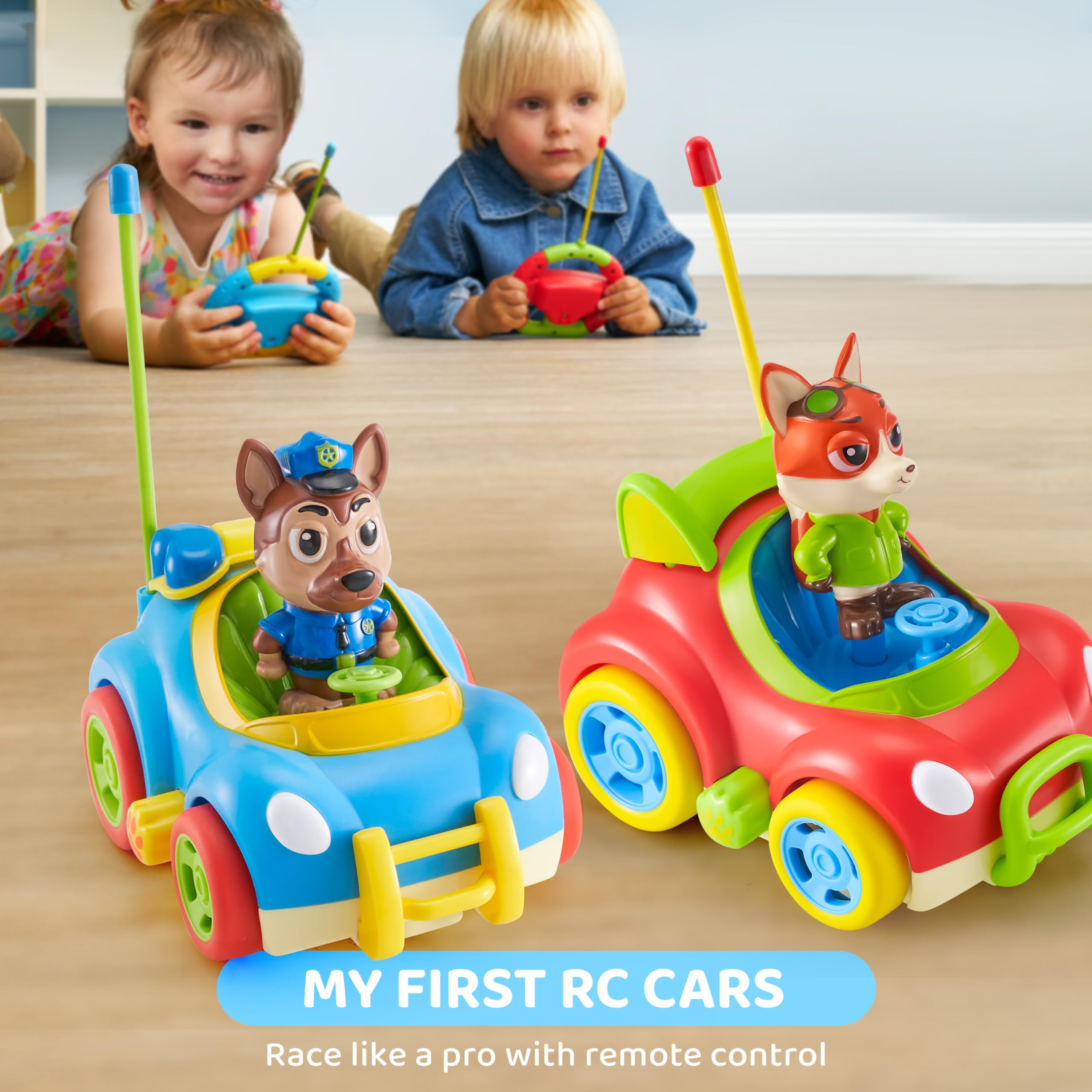 lalalark Remote Control Car for Toddlers, 2 Pack RC Cars with Figure Bump & Ejection Play, Kids Cartoon Toys with LED Lights, Music, Volume Control, Christmas Birthday Gift for Boys & Girls