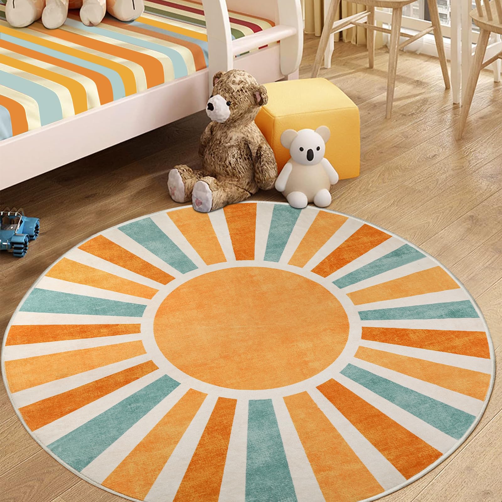 Boho-Teppich, rund, 1,8 m, bunt, groß, waschbar, für Klassenzimmer, Sonnendruck, Used-Kreis, Kinderteppich, weicher, dünner Bodenteppich, rutschfest, niedriger Flor, Kinderzimmerteppich für