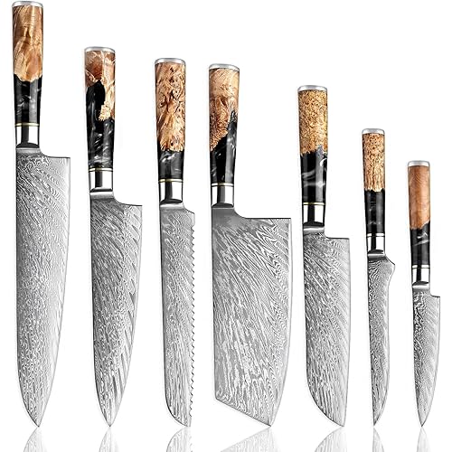 SENKEN 7-Piece Damascus Kitchen Knife Set - Tsunami Collection - 67-Layer Japanese VG10 Steel - Chef's Knife, Cleaver, Santoku, Bread, Boning, & More (Black Resin Blend)
