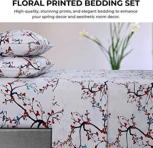 Miniatura 5 de Tribeca Living Emilia Tree - Juego de sábanas de franela ultrasuave de 170 GSM con bolsillos extra profundos, tamaño King, rojo, (EMILIASHEKI)