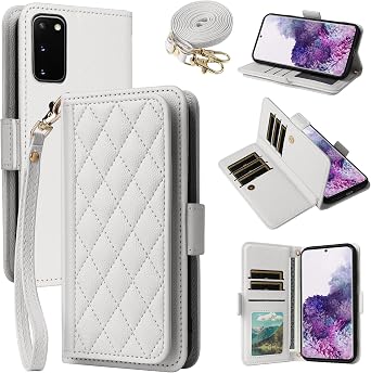 for Samsung Galaxy S20 5G Argyle Wallet Case Wrist Shoulder Strap White