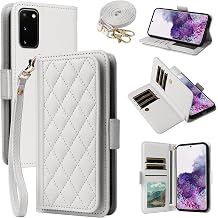 for Samsung Galaxy S20 5G 6.2 inch Argyle Wallet Case with Wrist/Shoulder Strap Card Slots Flip Purse,Card Holder Stand Minimalist Quilted Cell Phone Cover for S 20 20S UW S2O G5 Women White