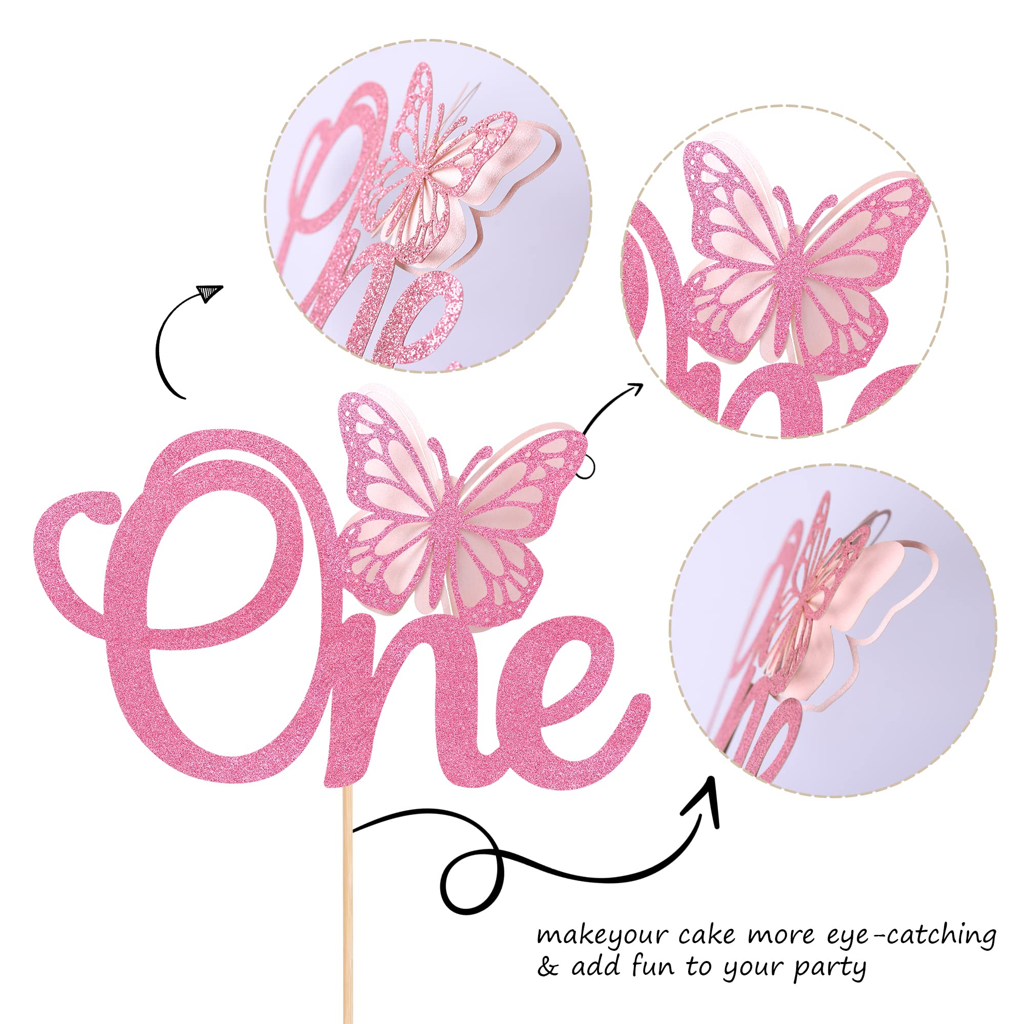 Rsstarxi 1 Pack Butterfly Cake Topper - Pink Glitter Baby Shower & 1st Birthday Cake Pick Decorations