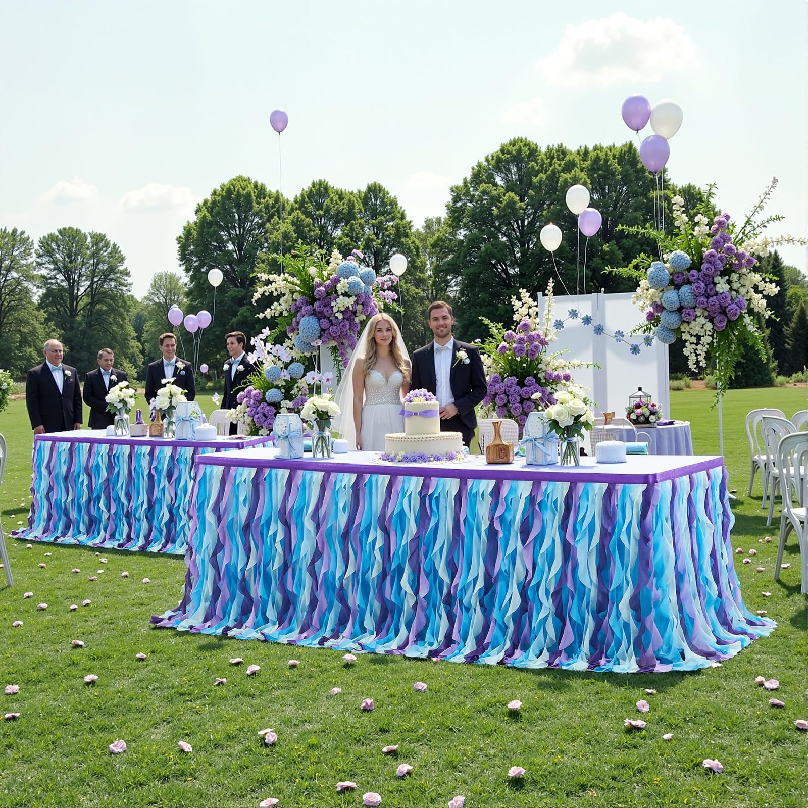 Tiulowa spódnica stołowa z falbanką, 152 cm na prostokątne lub okrągłe stoły, idealna na przyjęcia urodzinowe i baby shower, dekoracyjna dekoracja imprezowa (fioletowa, 232 cm)