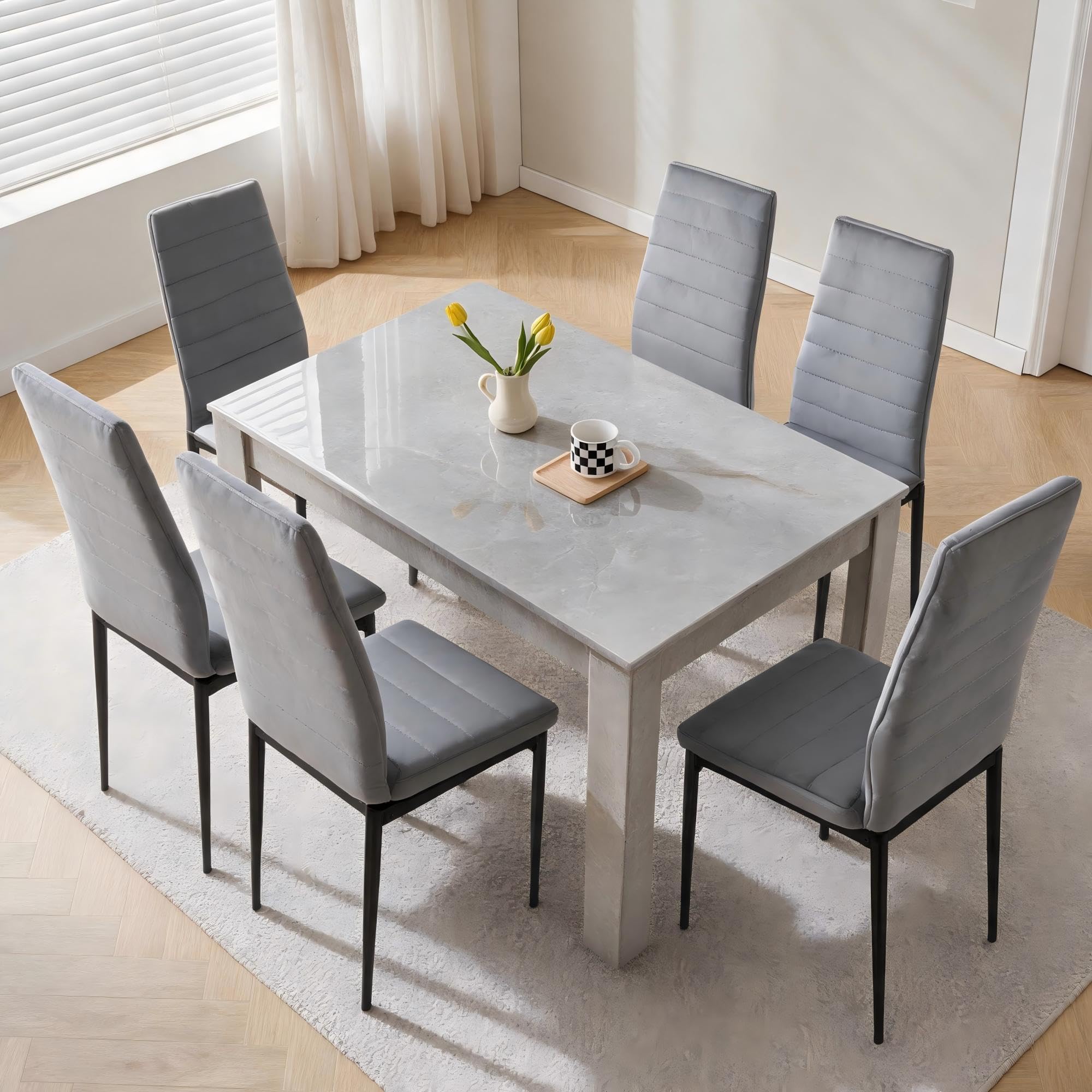 Homullel 120cm Dining Table and 6 Chairs, 6 Seater Kitchen Table and Chairs Set for Space Saving, Dining Room Set for 6, Grey (6 Seaters, Flannel Grey)