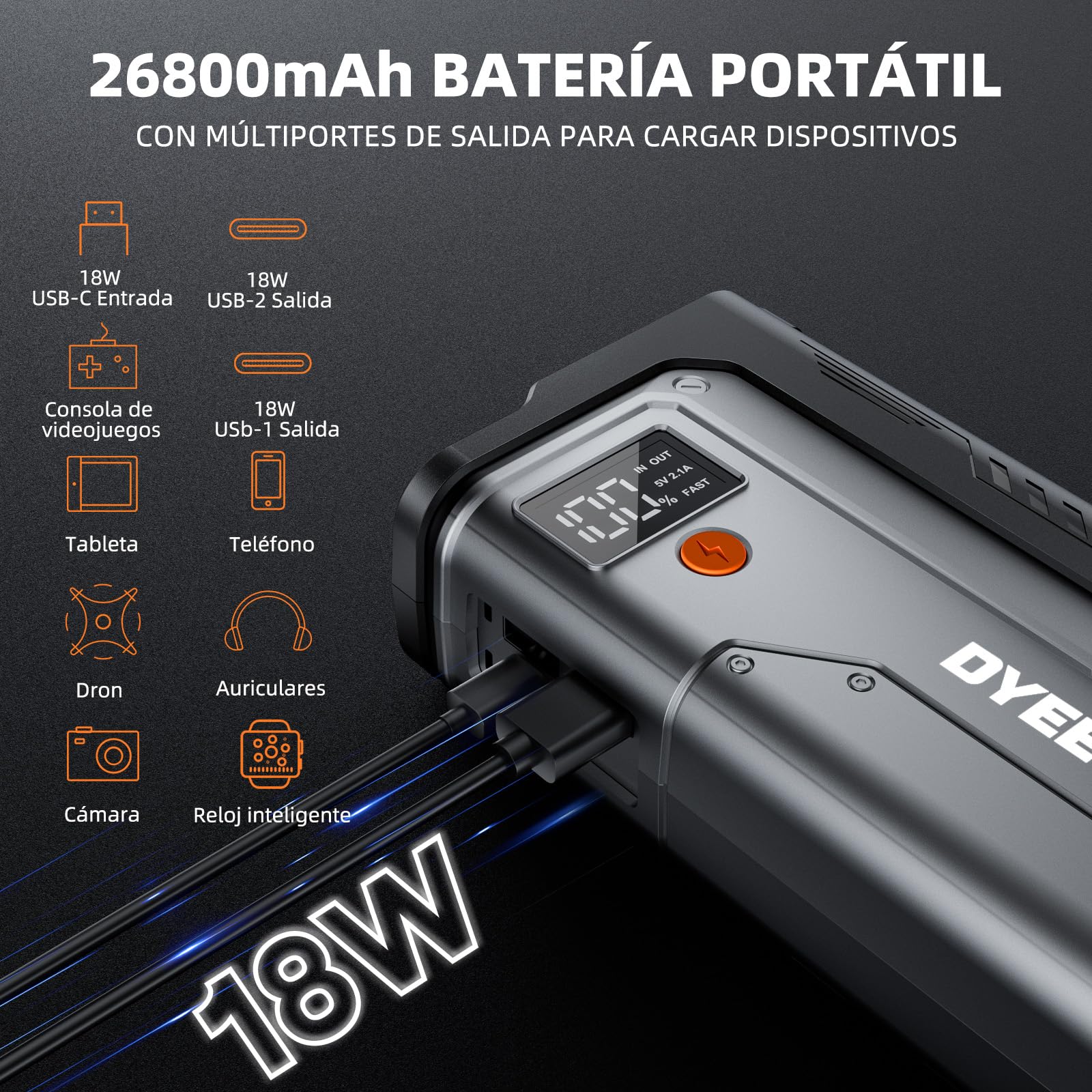 8000A Arrancador de Coche,Arrancadores de batería de Coche,12V Jump Starter Portátil (para All Gasolina o 12L Diesel), Linterna LED de Emergencia, Cables de Arranque