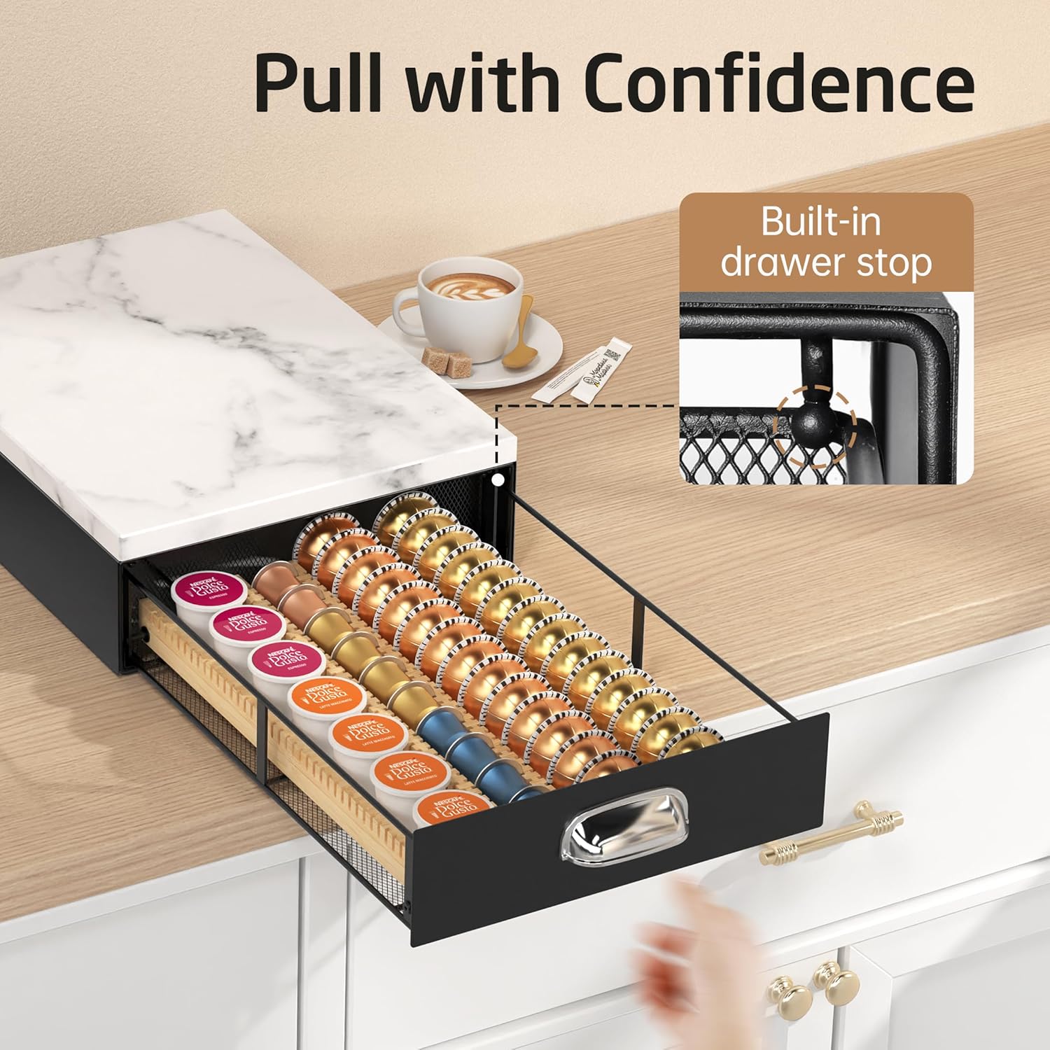 KES Natural Marble Top Coffee Pod Holder Drawer, Adjustable Metal Coffee Pod Organizer Fit All Pods Size (Nespresso Vertuo, K-cup, Nespresso Origin Capsules), 40/52Pcs Capacity, Black, KCPH503-BK
