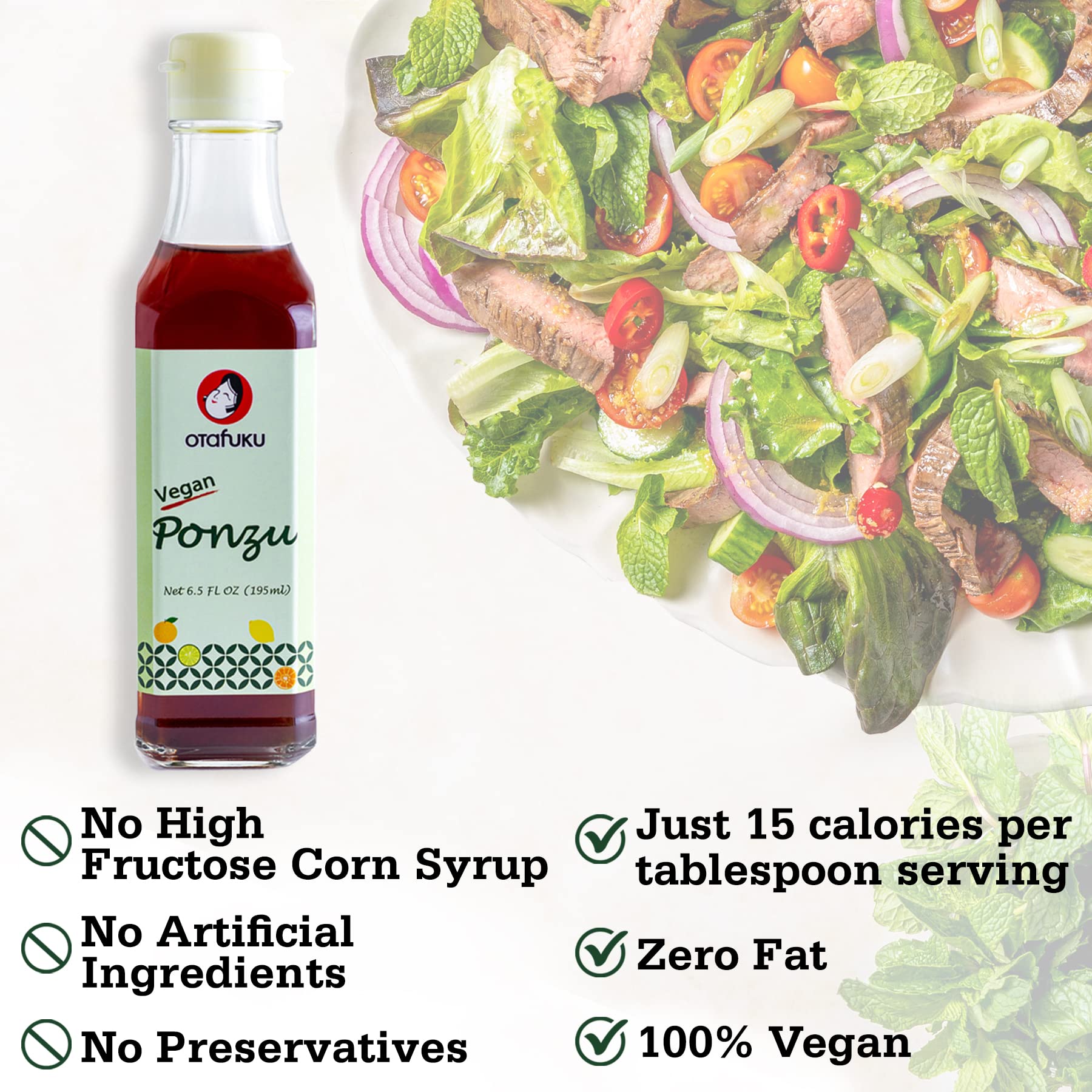 Salsa de condimento Otafuku Ponzu, salsa de soja refinada con jugo de cítricos, ideal para sazonar y mojar, vegana, sin gluten (1 x 195 ml)