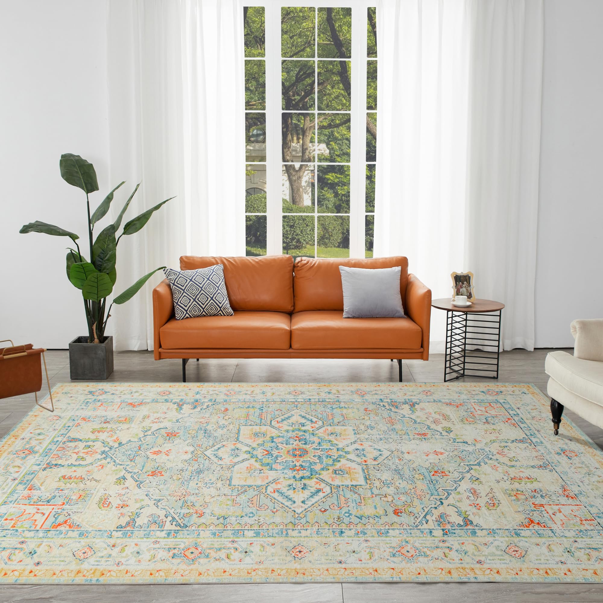 Area Rug, 5x7 Washable Rug for Living Room, Non-Shedding Vintage Rug with Non-Slip Backing, Stain Resistant Farmhouse Medallion Rug for Bedroom (5'x7',Multi Orange)