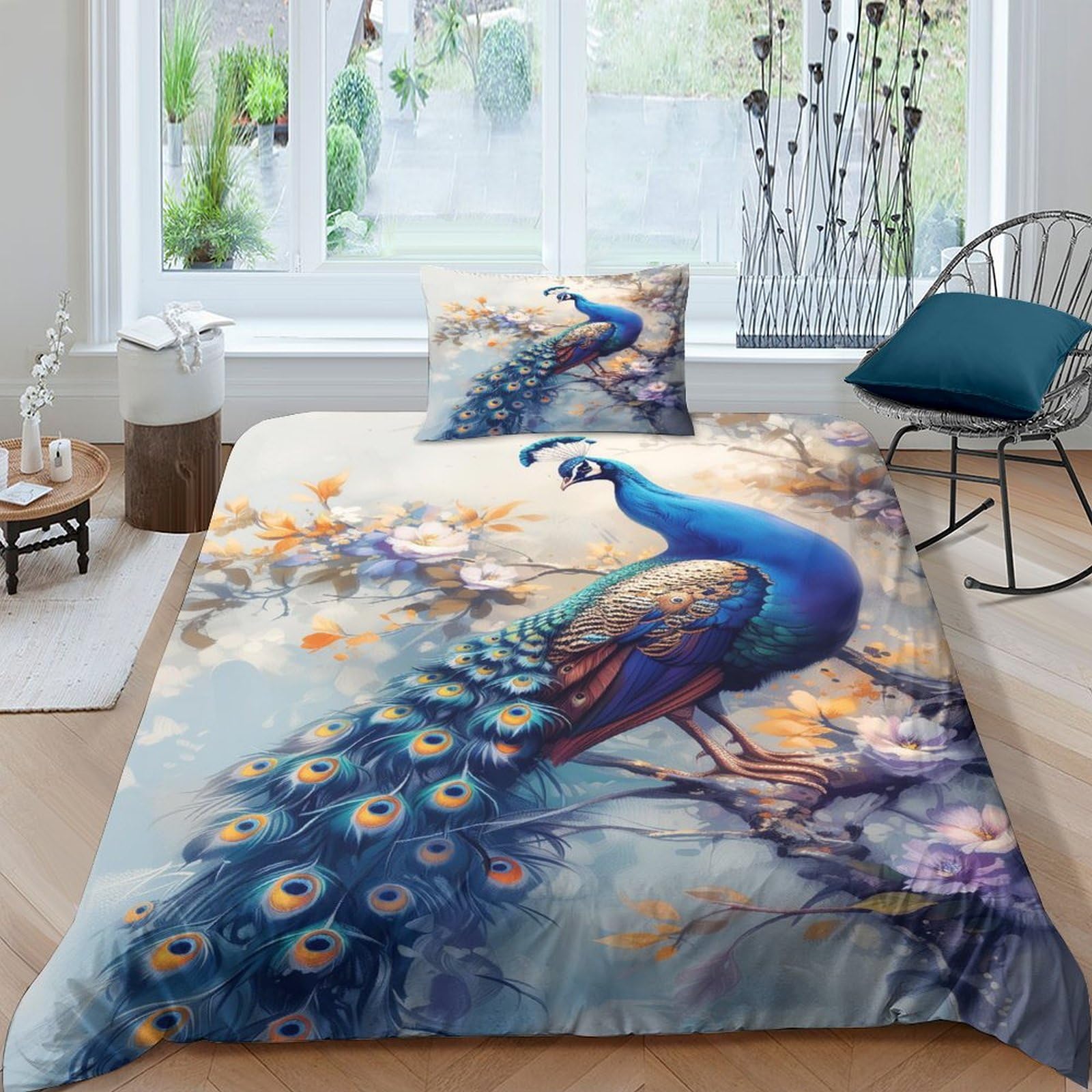 NRAOPEVVD Peacock Duvet Cover 3 PCS Hotel Quality Quilt Cover Bedding Bed Covers with Pillowcases with Zipper Closure Breathable Stylish Comforter Single（135x200cm）