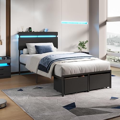 Miniatura 6 de Forestell - Marcos de cama individual con cabecera de madera, cama plataforma negra con 2 cajones de almacenamiento y estante, estación de carga