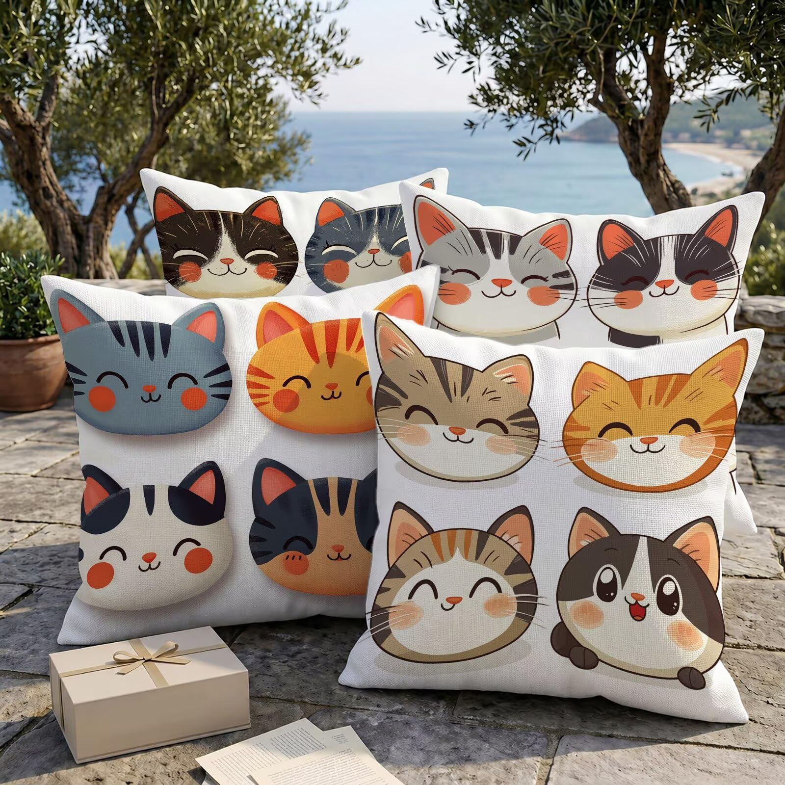 Fundas de Cojines Impermeables para Exterior Lindo Funda Cojin 55x55 cm Juego de 4 Cuadradas Lino Funda de Almohada Decorativas para Sofá Terraza Silla Jardín Cojines Decorativos (Gato) L-O339