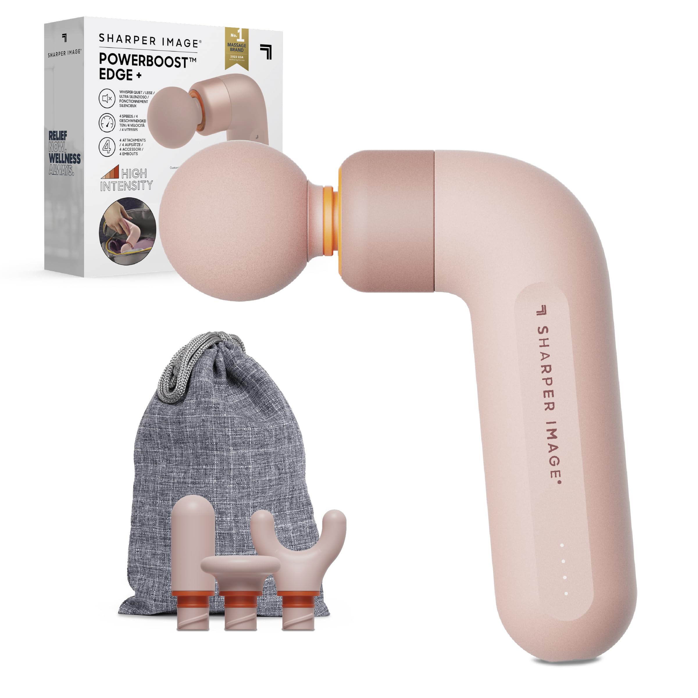 Sharper Image Power Percussion Move Edge Portable Lite - Muscle Massage Gun, Percussion Massager with 4 Speeds, 4 Attachments, USB-C Rechargeable - Portable Deep Tissue Massager for Muscles, Pink