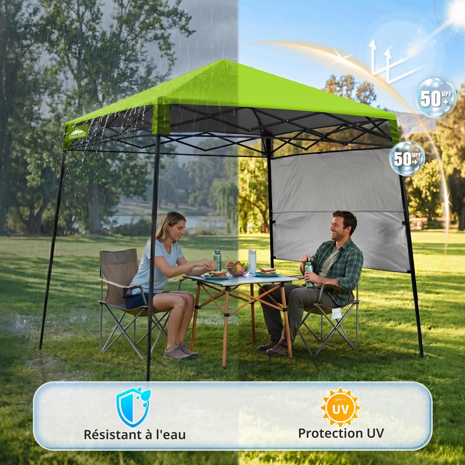 EAGLE PEAK Tente Parasol dépliable 2,4x2,4 m avec paroi latérale, abri Solaire instantané à Pieds inclinés Compact et Portable pour Plage, Sports et Camping, Base 2,4x2,4 m, Sommet 1,8x1,8 m, Vert