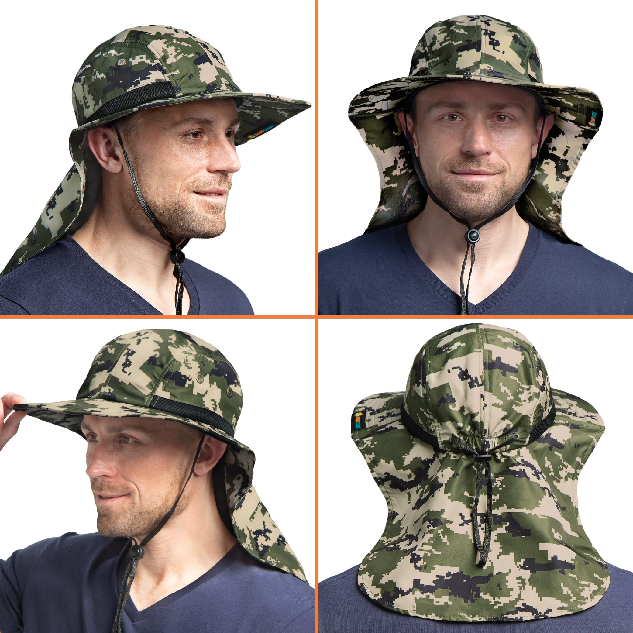 Suncube - Sombrero de pesca con cubierta para el cuello y solapa, amplia sombra, correa ajustable para la barbilla para exteriores, senderismo, safari, caza, verano UPF 50 +, malla transpirable