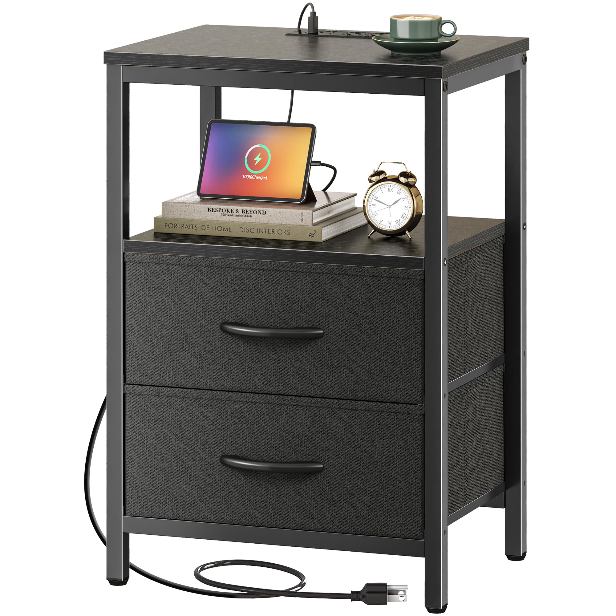 Huuger Comodino Con Luci LED RGB E Stazione Di Ricarica USB/Type-C - 2 Cassetti In Tessuto E Scaffale Aperto, Nero