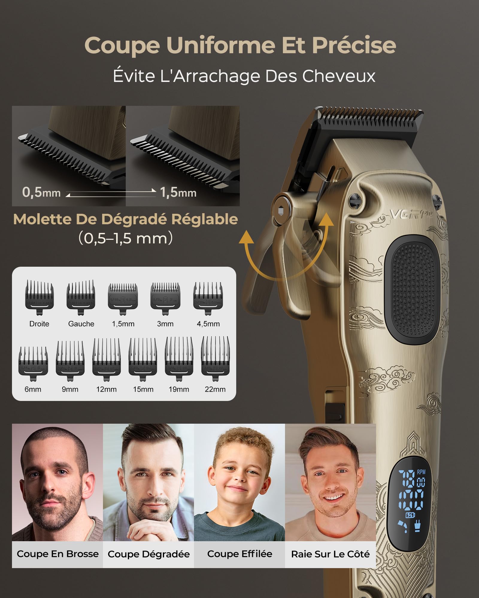 VGRPRO kit tondeuse cheveux hommes, barbe, Rasoir Electriques Imperméable à Grille, Tondeuse Cheveux Sans Fil, Réglage à 4 Vitesses, Affichage LED de la Batterie,Utilisation en Barber (Gloden)
