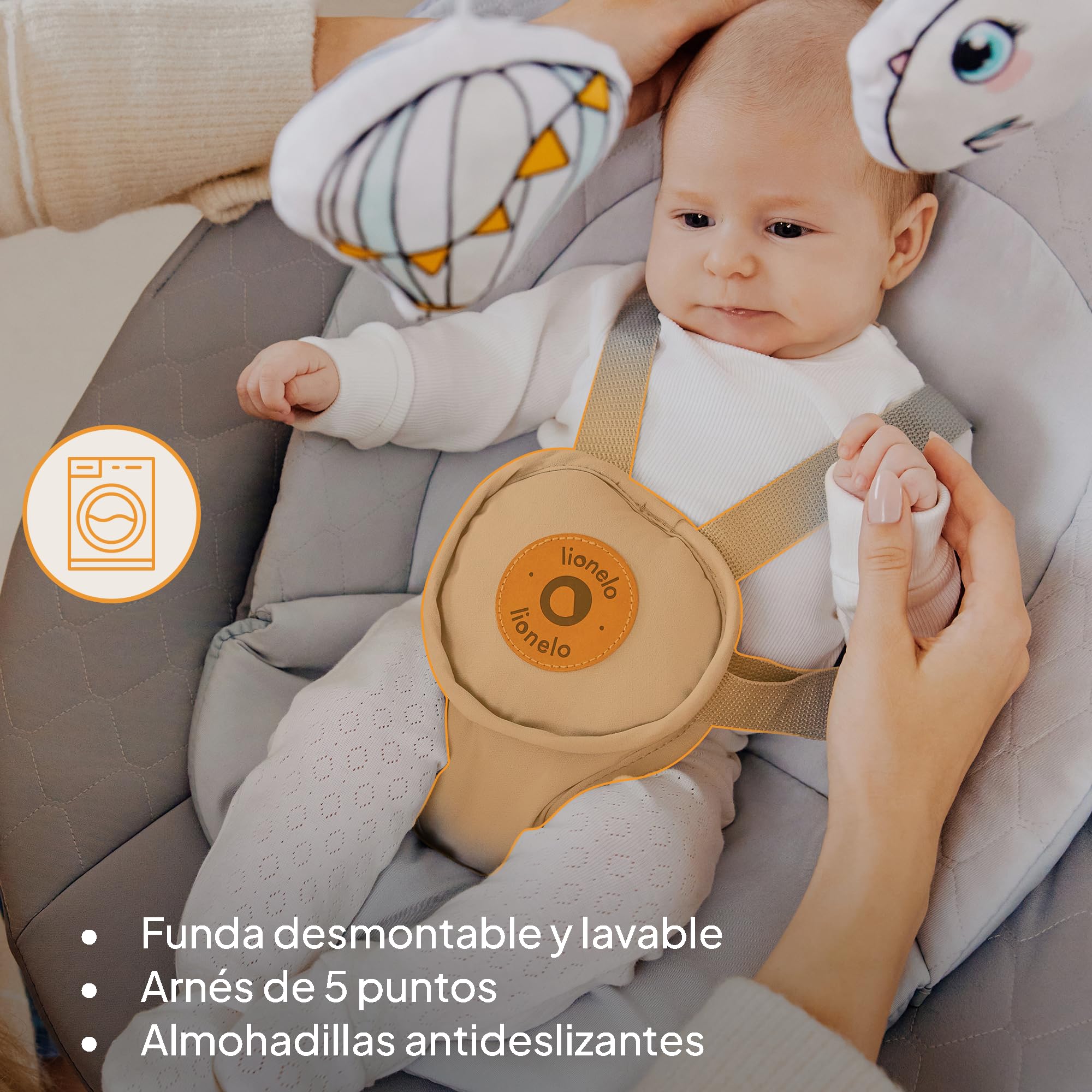 LIONELO Bella Set 2 en 1 - Hamaca eléctrica con capazo 360o para bebés de hasta 9 kg, respaldo reclinable, 5 velocidades de balanceo Cinturón de seguridad antideslizante