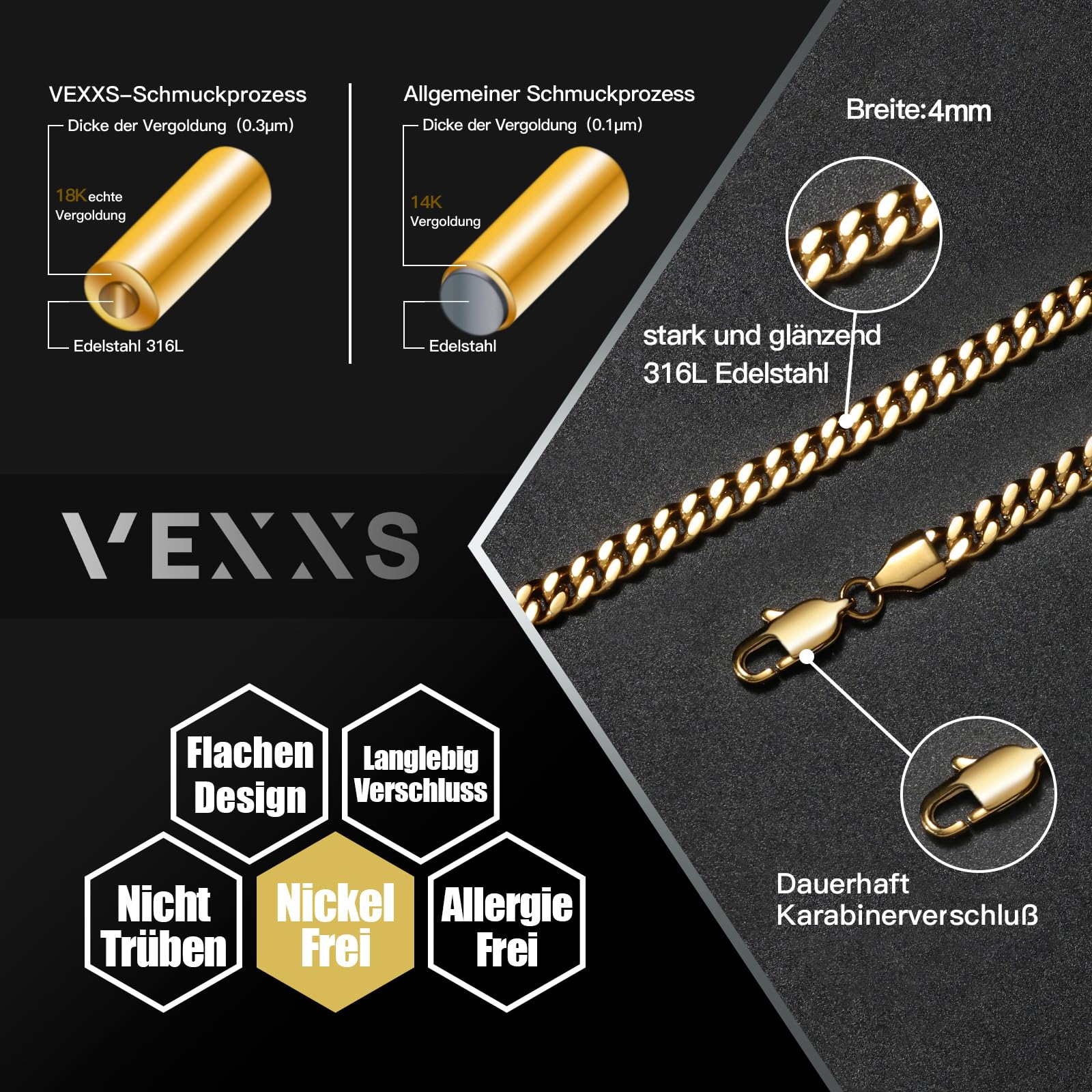 VEXXS Panzerkette Herren Kubanisch Edelstahl 18 Karat Vergoldet 4/5/6mm Halskette Goldkette 46-66cm