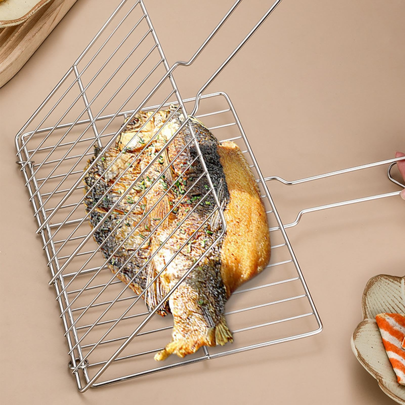Cesta para barbacoa, cesta para barbacoa, cesta para barbacoa de pescado | rejilla de acero inoxidable, jaulas rectangulares, ligeras y portátiles, con mango largo para peces de pollo