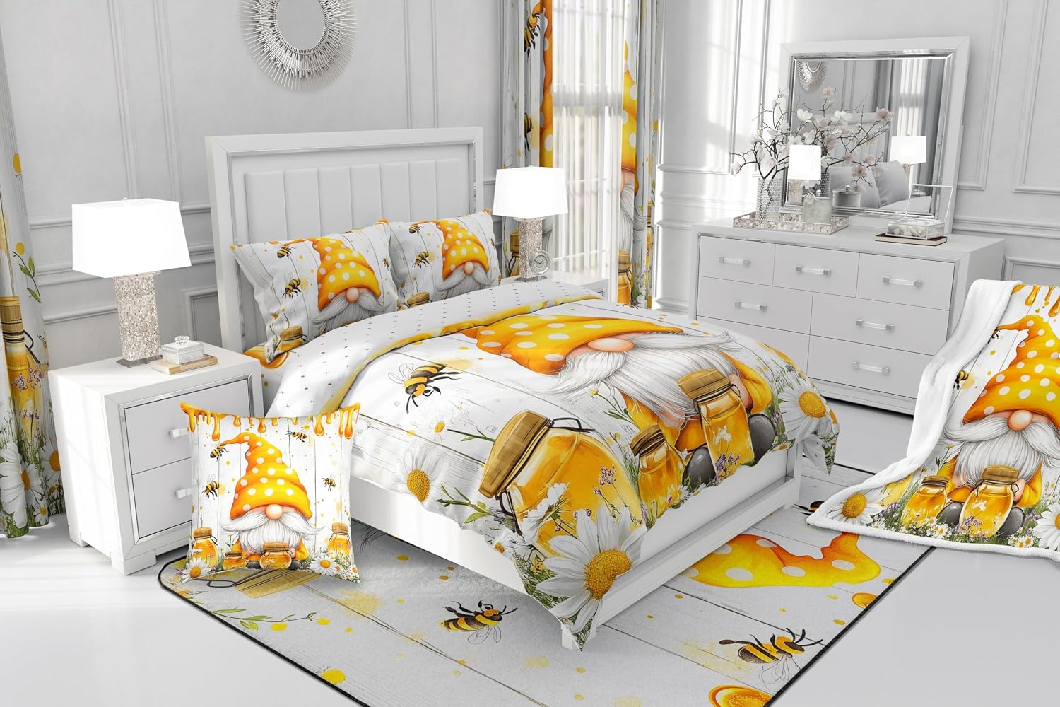 Cute Gnome Duvet Cover Set Toddler Size,Cartoon Dwarf Kawaii Daisy Floral Reversible Quilt Cover for Kids Boys Girls Bee Honey Flowers Rustic Wooden Barn Bedding Set with 1 Pillowcase,No Comforter