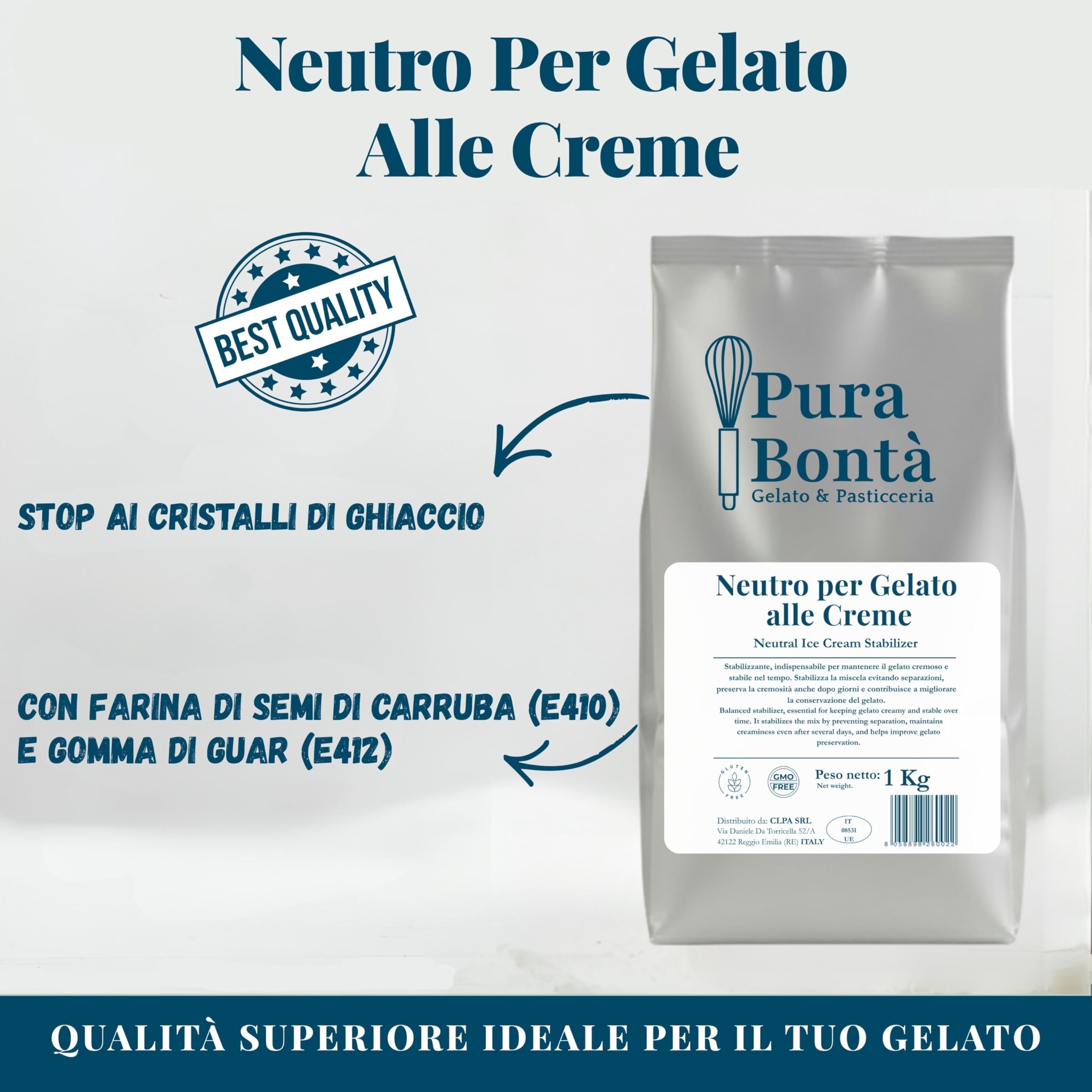 PURA BONTÁ Stabilizzante Neutro per Gelato Crema 500g | Soluzione Anti-Cristalli | Consistenza Cremosa per Gelato Artigianale Fatto in Casa | Addensante Superiore | Confezionato in Italia