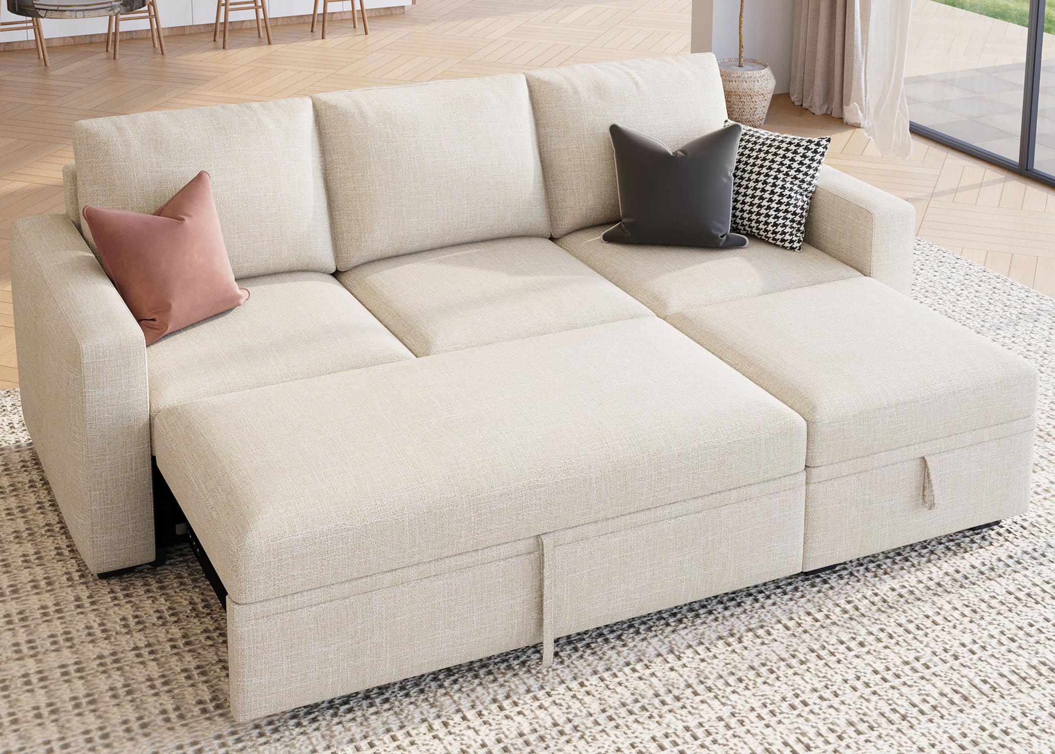 HONBAY Modular Sectional Sleeper Sofa with Pull Out Bed, L Shaped Couch with Storage Seat, Convertible Sectional Couches for Living Room, Beige — view 15