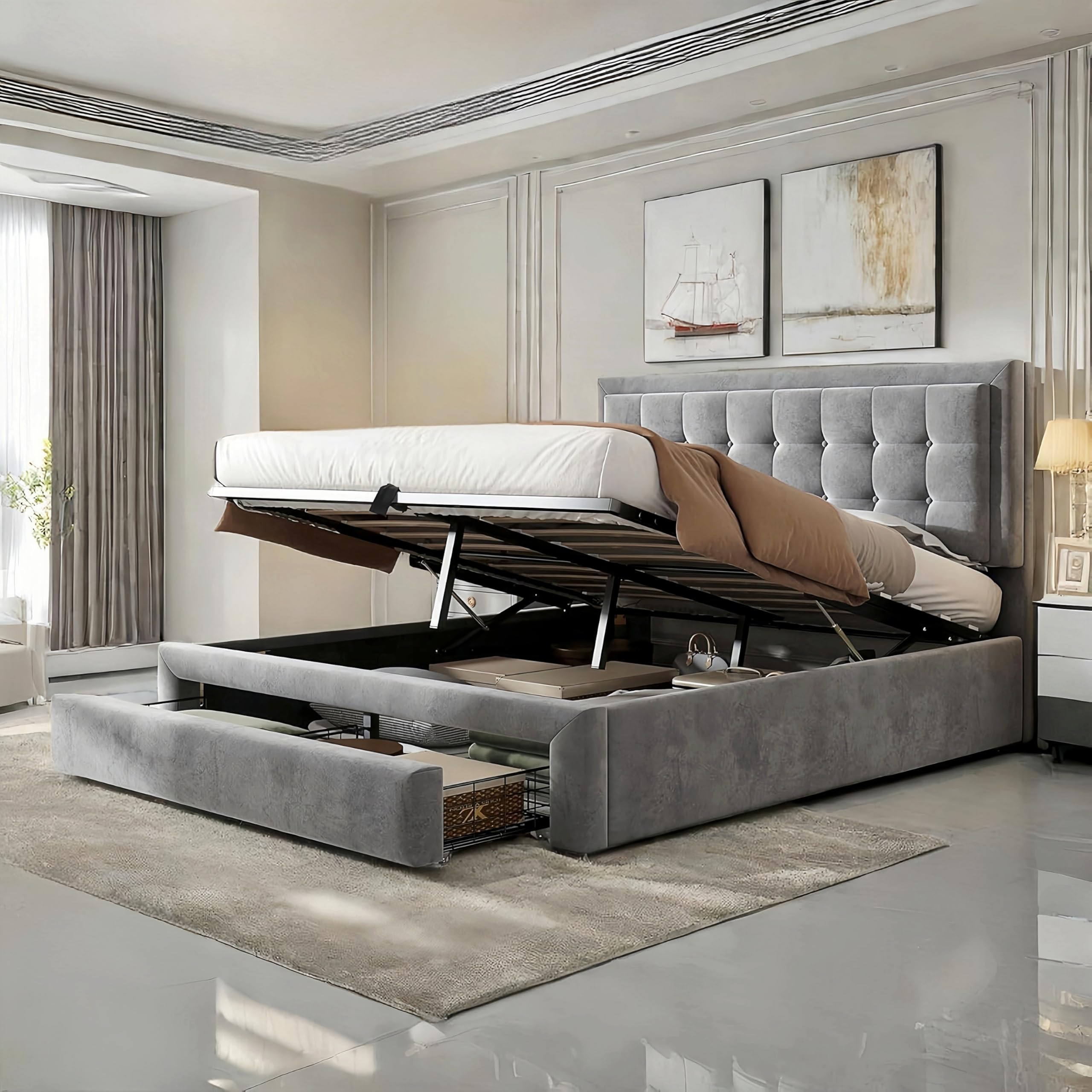 Lit double avec tiroir 140 x 190 cm, grand espace de rangement, idéal pour ado, chambre d'ami, résistance au poids, en v