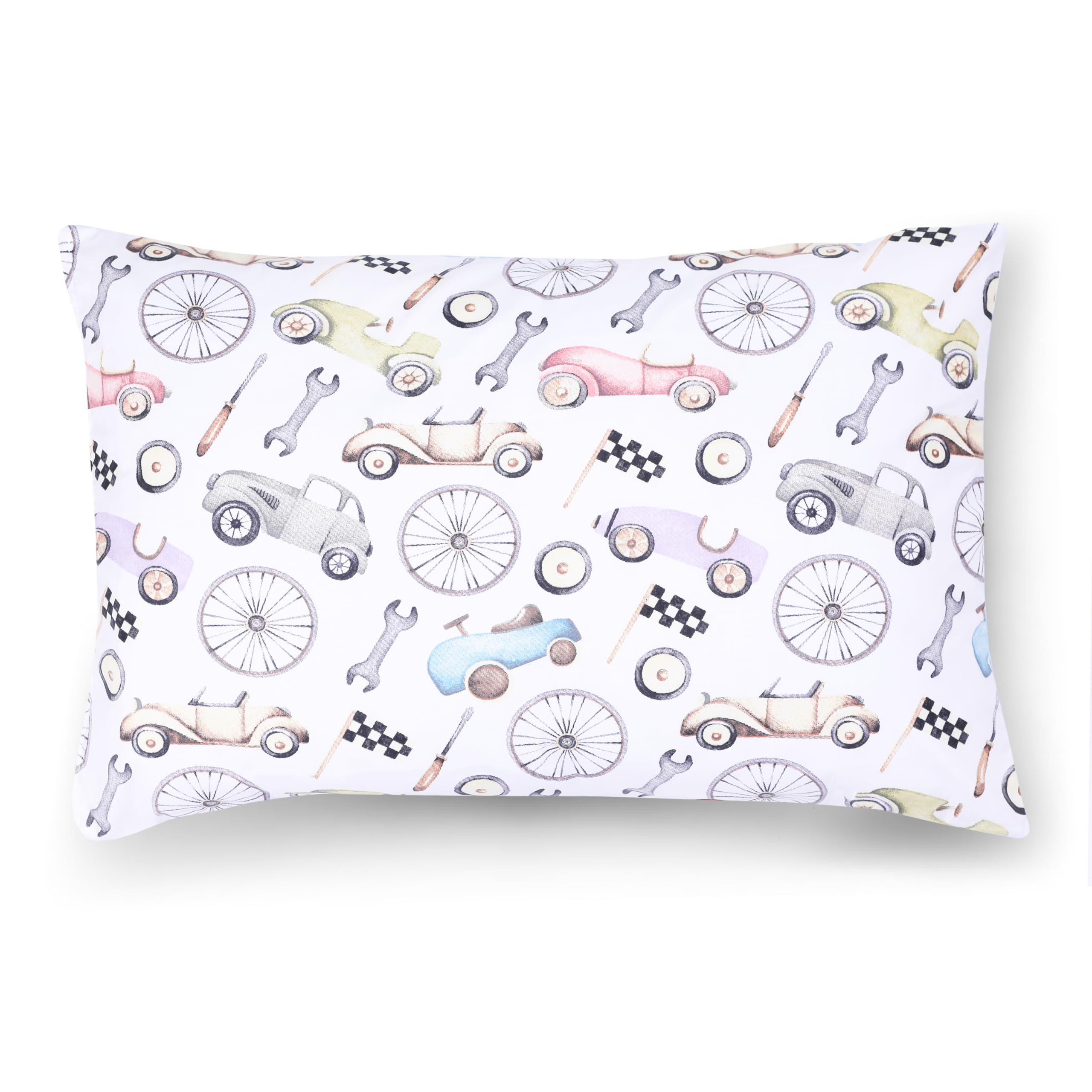 PinkZebra Kopfkissenbezug Kinder, Kissenbezug 40 x 80 cm aus 100% Baumwolle, Kissenhülle Jungen, Öko-tex Standard 100 mit Reißverschluss, Autos Oldtimer
