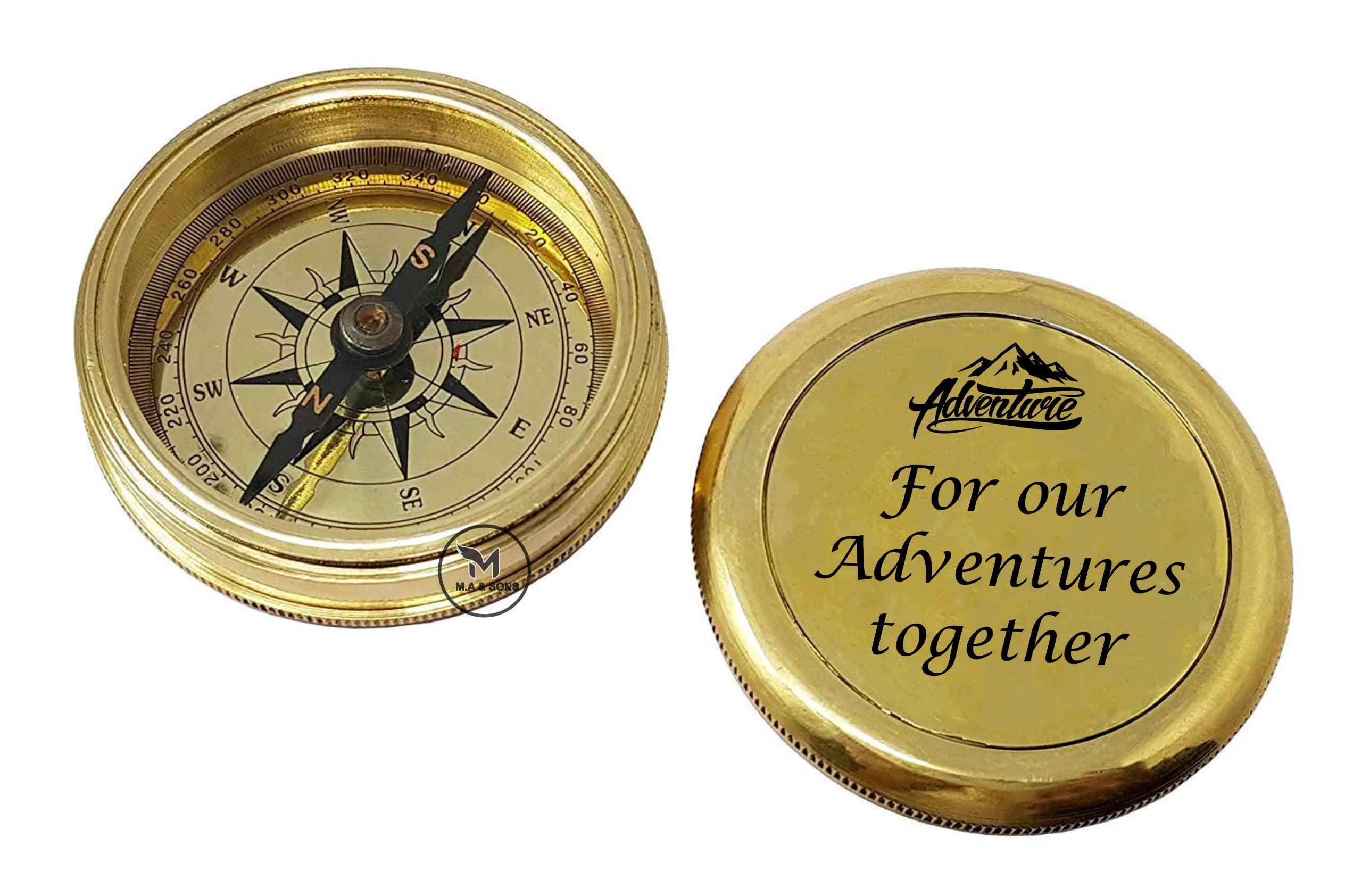 M.A & SONS Handmade Brass Engraved Working Compass with Wooden Box (Adventures)-picture-31