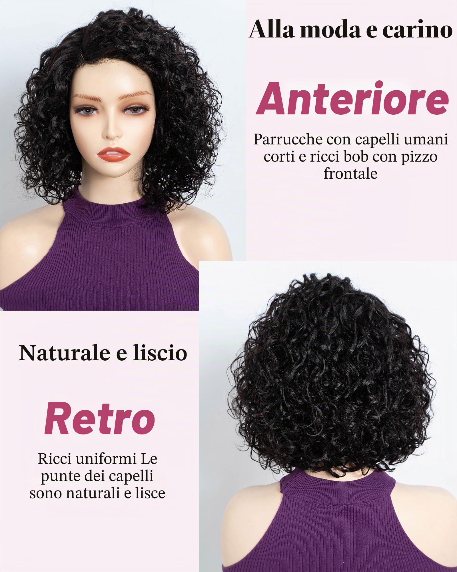 FASHION IDOL Parrucche corte di capelli umani ricci per donne che indossano e andano Deep Wave pizzo anteriore parrucca C parte 12" parrucca Pre spennato con capelli del bambino nero naturale densità