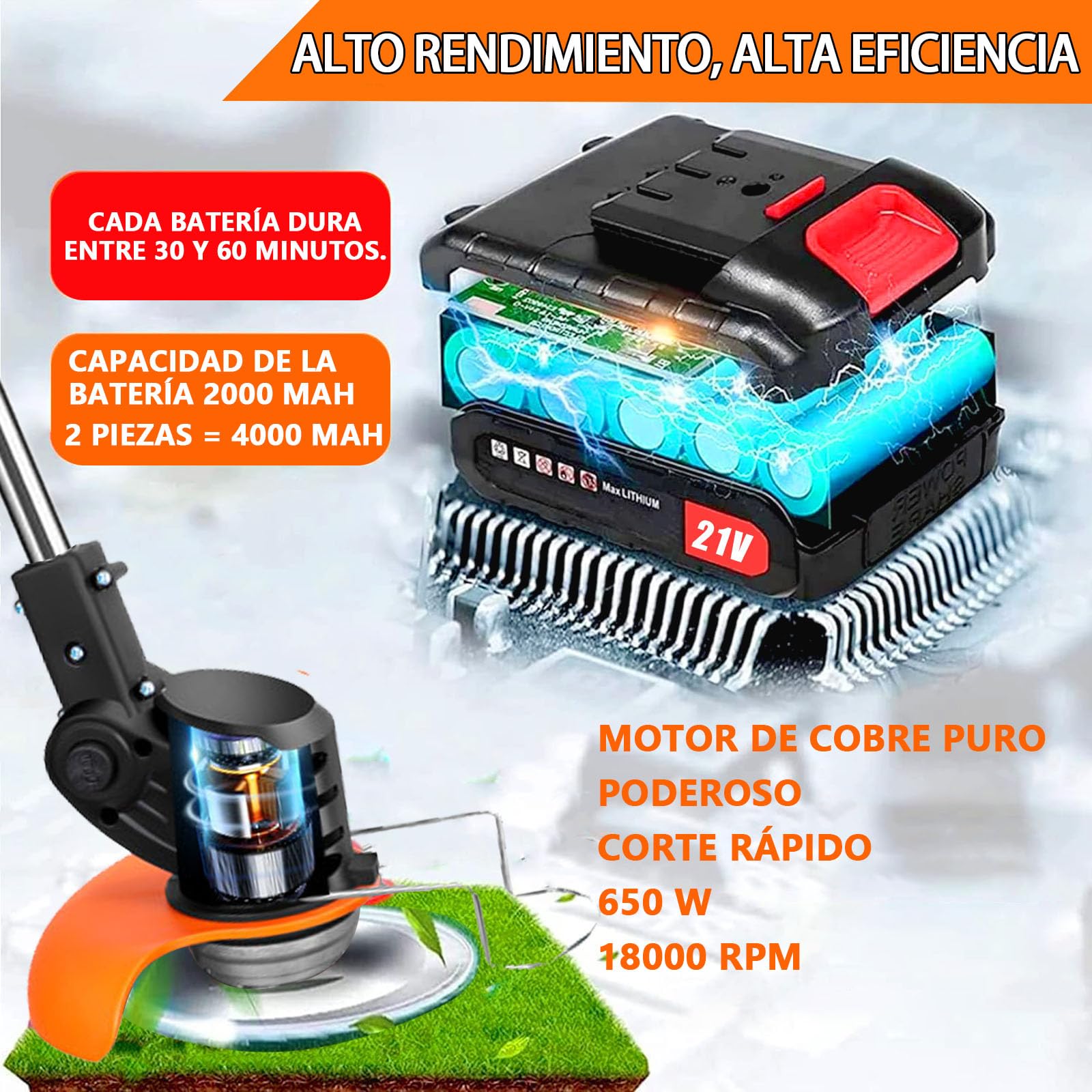 Gompuy Desbrozadora electrica, Desbrozadora a Batería, Recortadora de Cortabordes Bateria 21V, Cortabordes electrico 3 en 1, Longitud retráctil, 2 Baterías, para Recortar Césped y Arbustos — view 5