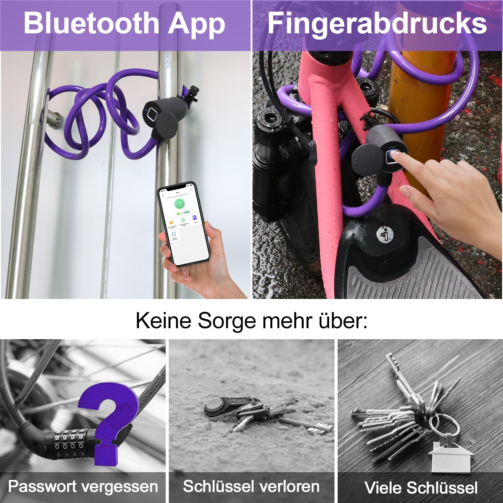 eLinkSmart - Lucchetto elettronico per bicicletta, con app Bluetooth e impronte digitali, lunghezza 150 cm, senza chiave, per bici elettrica, scooter, moto, impermeabile, viola