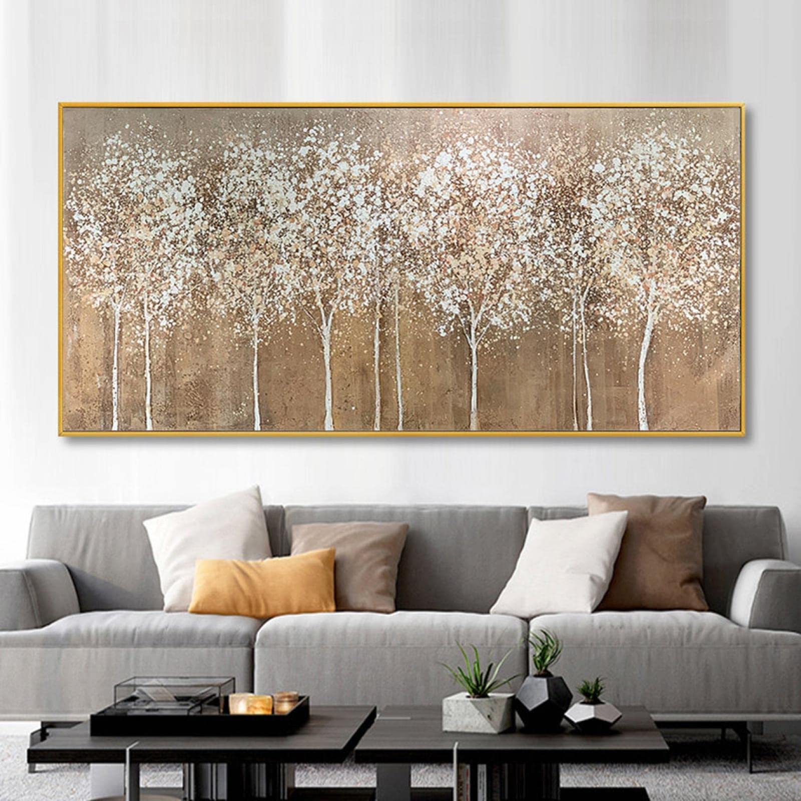 Large Framed Blooming Tower Tree Oil Painting Abstract Yellow Tree Landscape Painting Modern Living Room Wall Art Decor 60x150cm/24x59inch With-Gold-Frame