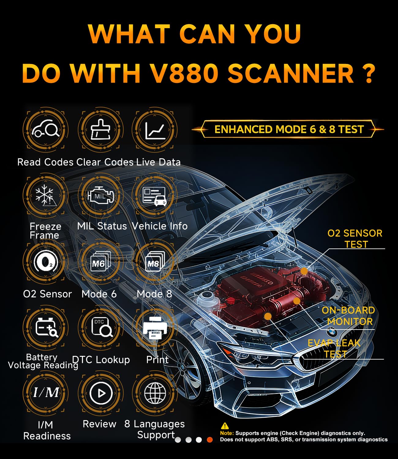 Skaner OBD2, narzędzie diagnostyczne skanera samochodowego V880: czytnik kodów silnika z resetowaniem, danymi na żywo i zamrożoną ramką, tryb 6, tryb 8, narzędzie skanujące OBDII do wszystkich