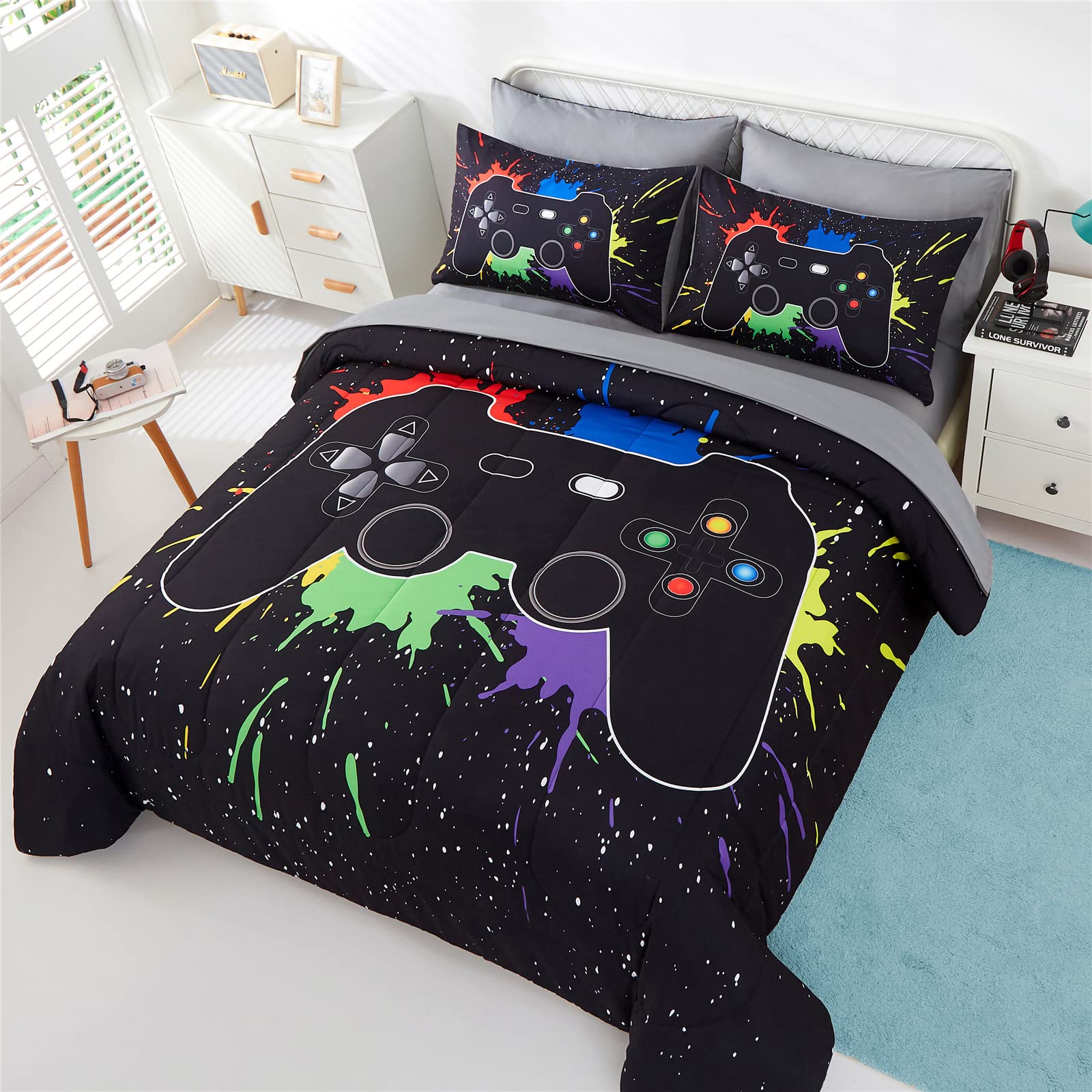 4 Piece Boys Twin Gamer Comforter Set with Sheets, 3D Colorful Video Game Controller Comforter for Kids Teen, All Season Soft Microfiber Gaming Bedding Set(Black,Twin) 2