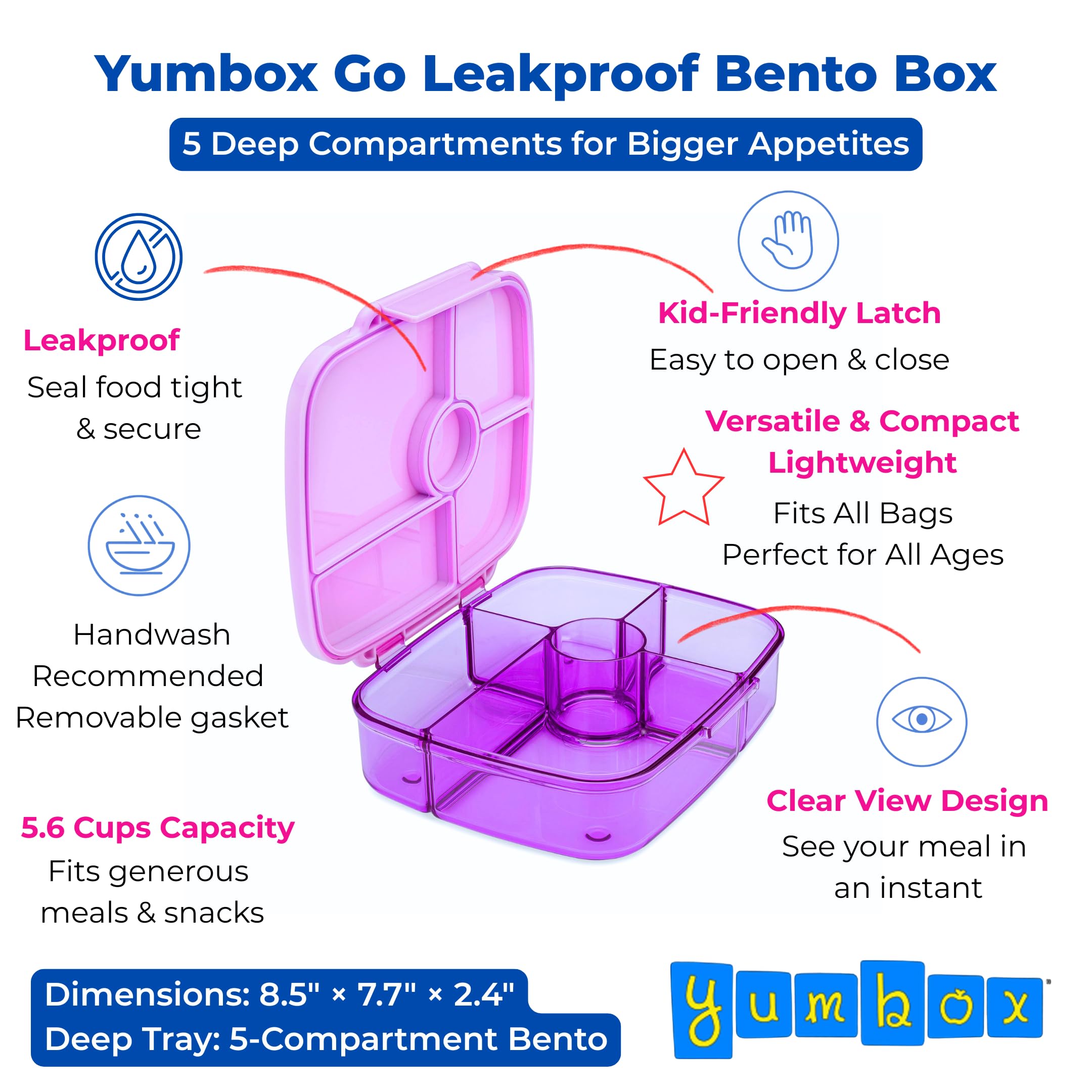 Yumbox Fiambrera Bento Go para niños y adultos, tapas a prueba de fugas, bandeja profunda, 5 compartimentos, junta extraíble, compacta, ligera, apta para alimentos (morado Kioto).