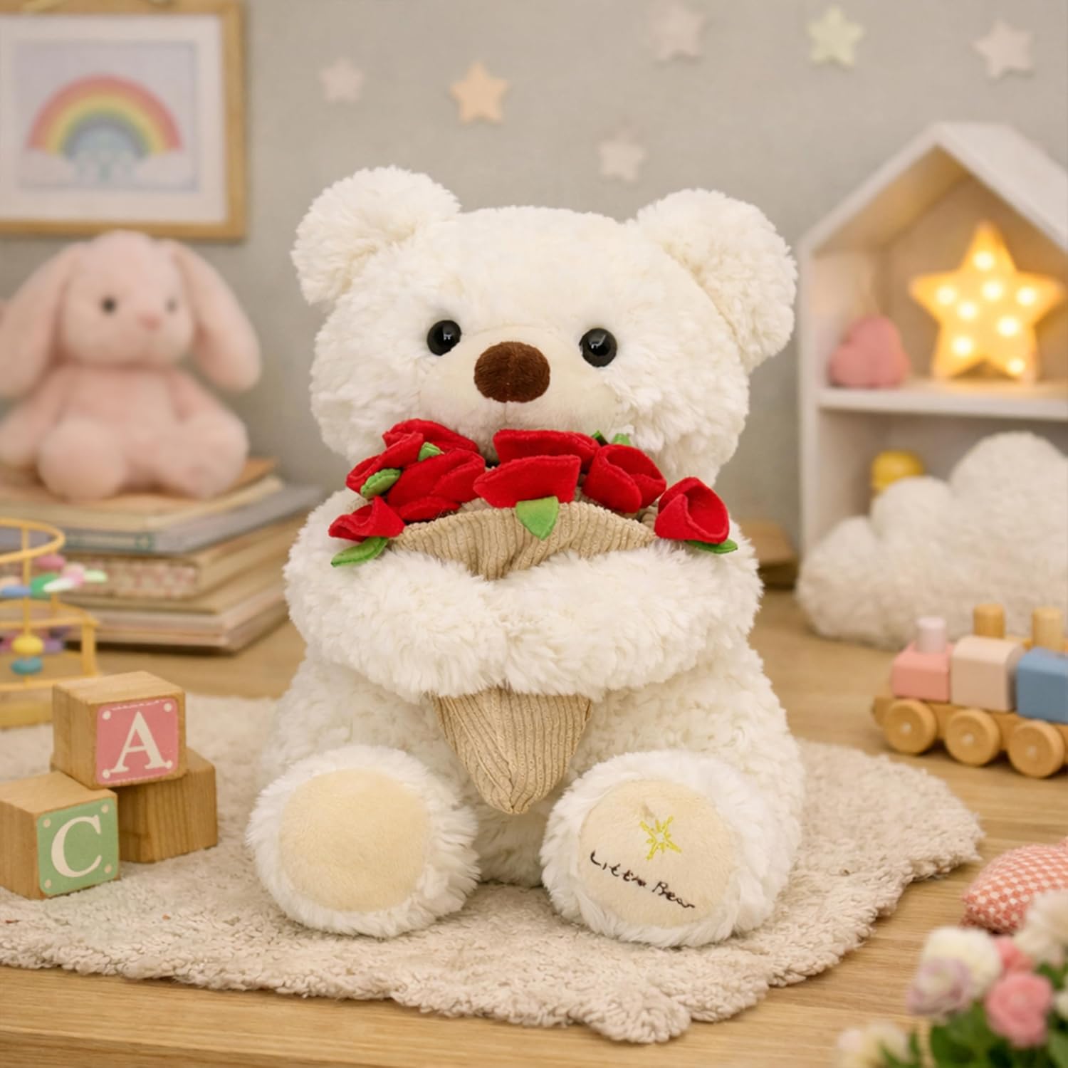 Bouquet Teddy Bear Plush Toy, Rose Plush Bouquet, Romantic Flower Hat Bear Stuffed Plush, Perfect as a Birthday, Holiday for Boys and Girls (Beige - Large)