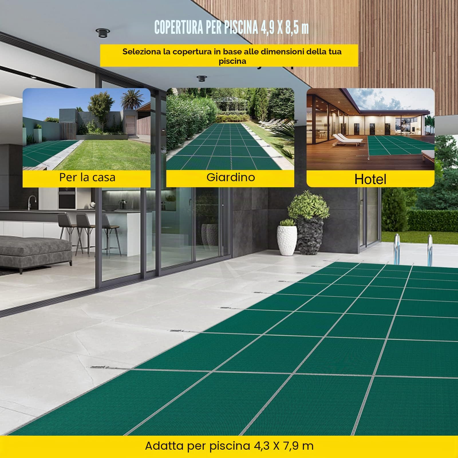 VEVOR Copertura di sicurezza per piscine interrate 4,3 x 7,9 m copertura di sicurezza in rete verde di dimensioni 4,9 x 8,5 m con strumenti di installazione per piscina invernale