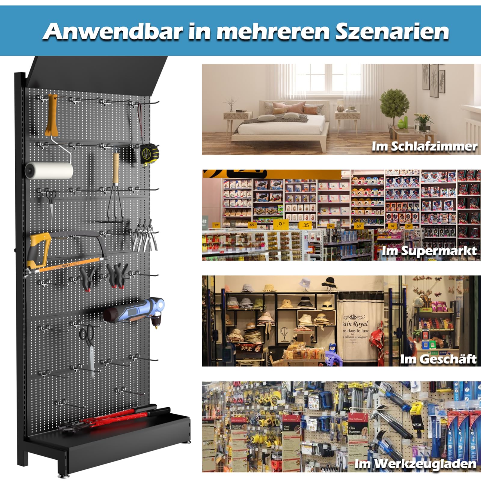 Pegboard-Ausstellungsständer mit 30 Haken, 218 x 93 x 35cm Metall-Pegboard-Organizer, Freistehendes Gondelregal für Einzelhandel, Heimwerker & Küche/Schwarz