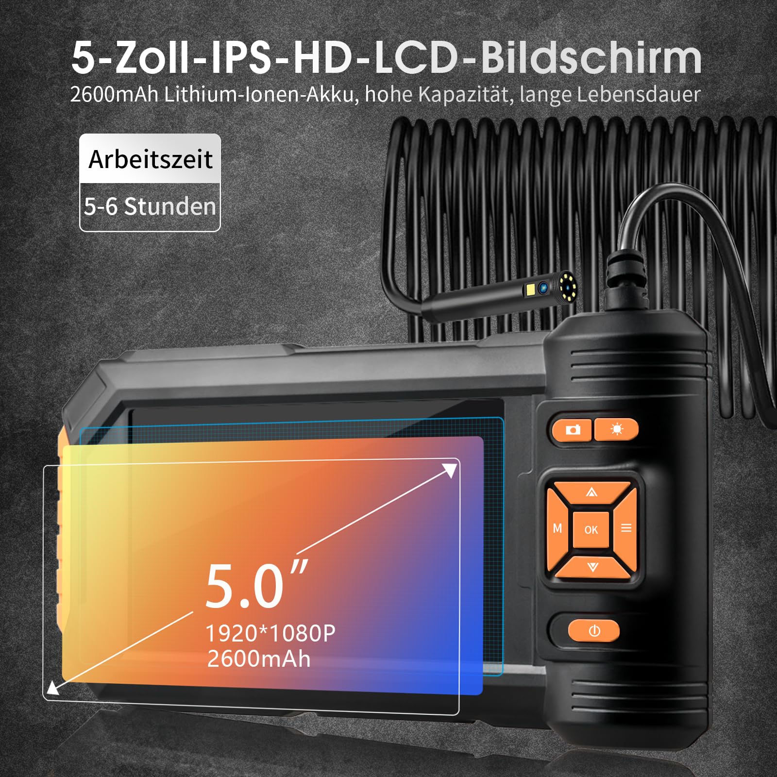 Telecamera per Ispezione,DPduct Endoscopio Industriale a Doppia Lente da 7,9 mm con 8+1 LED,IPS da 5,0",HD 1920p,Telecamera Impermeabile IP67,Cavo Semirigido Serpente da 10 m,Scheda da 32 GB,Arancione