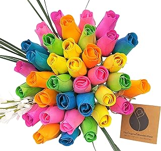 The Original Wooden Rose Spring Light Blue, Yellow, Lavender, Green, Orange and, Pink. 3 Dozen