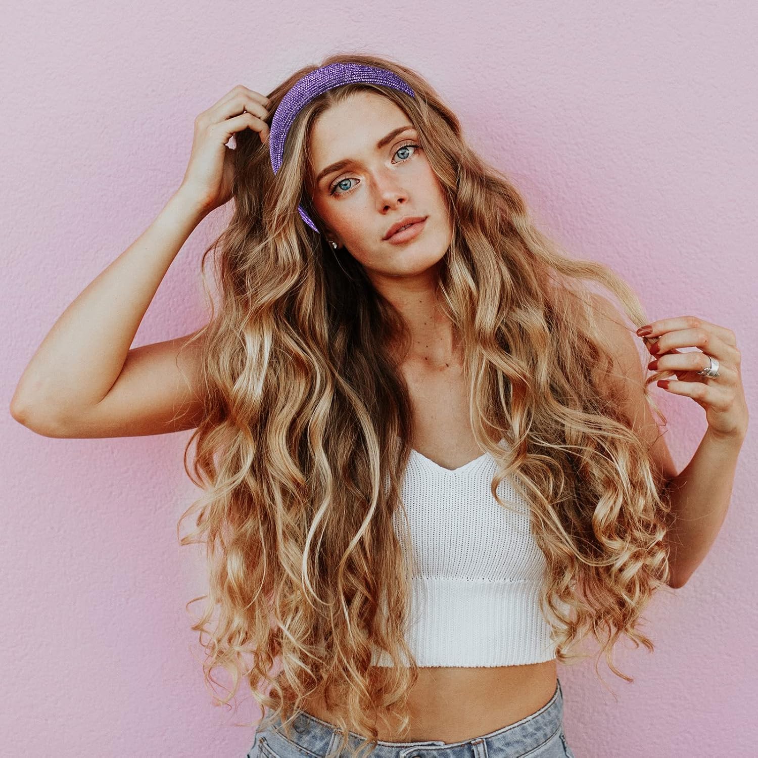Vin Beauty Rhinestone Headband Glitter Non-Slip Wide Headband Solid Hair Band Purple Cute Hairbands Bridal Hair Hoop Wedding Hair Styling Accessories for Women Girls - Image 6