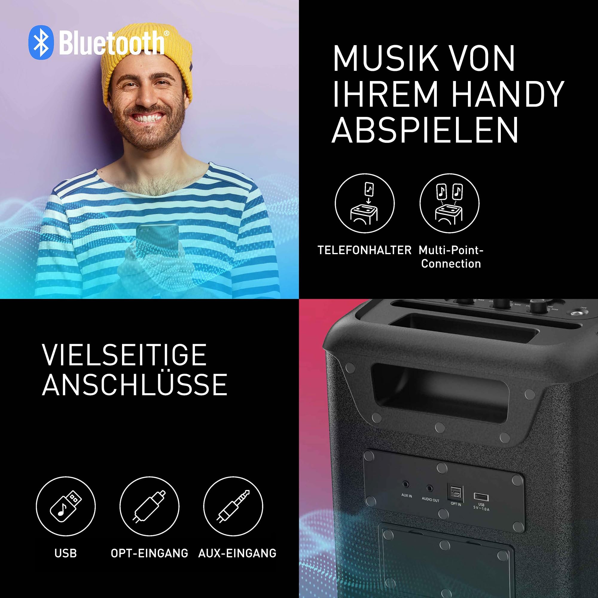 Panasonic SC-BMAX10E-K Tragbarer Party-Lautsprecher mit Bluetooth, integrierter Beleuchtung, 150 W, USB, optischem Eingang für TV, Gitarren- & Mikrofoneingängen für Karaoke, Schwarz