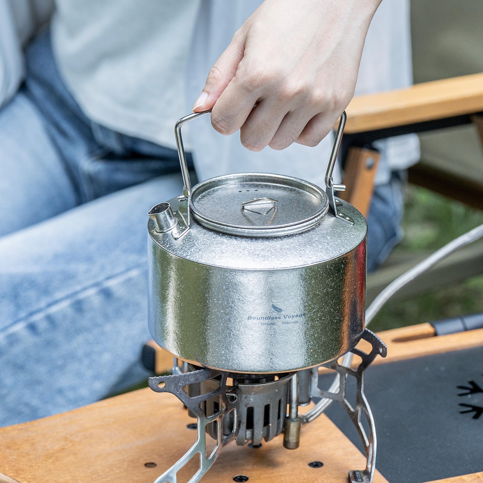 Boundless Voyage Teekanne aus Titan, für Outdoor Camping, ultraleicht große Kapazität Der Titan-Wasserkocher, mit klappbarem Griff, 1L (Silber)