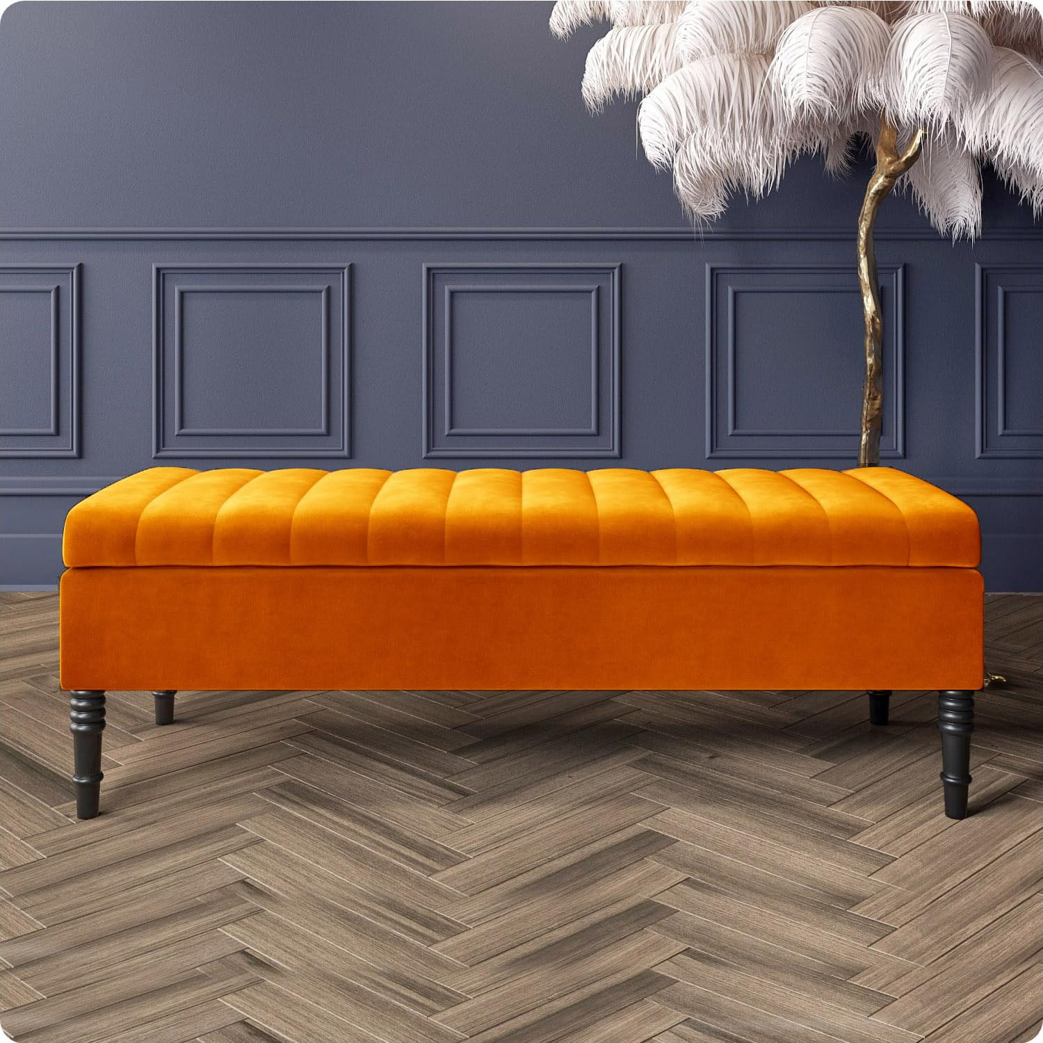 90cm Wide Safar Ottoman Storage Bench, Plush Shoe Bench with Storage, Velvet Footstool, Lined Upholstered Coffee Table, End of Bed Bench, Hallway Seating Bench, Burnt Orange Velvet, 3ft(90x40x40)CM