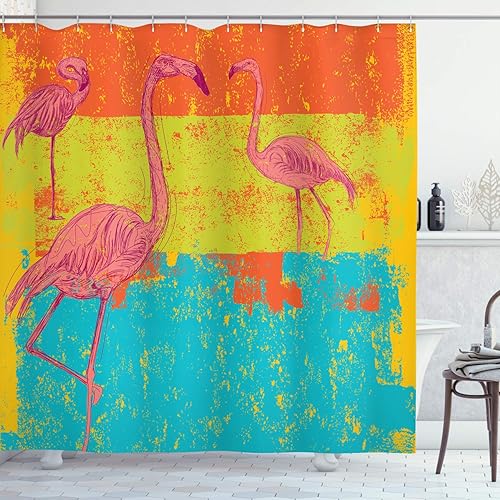 Ambesonne Cortina de ducha de flamenco, ilustración de pájaros en estilo antiguo de rayas de colores retro y vintage, diseño grunge de obras de
